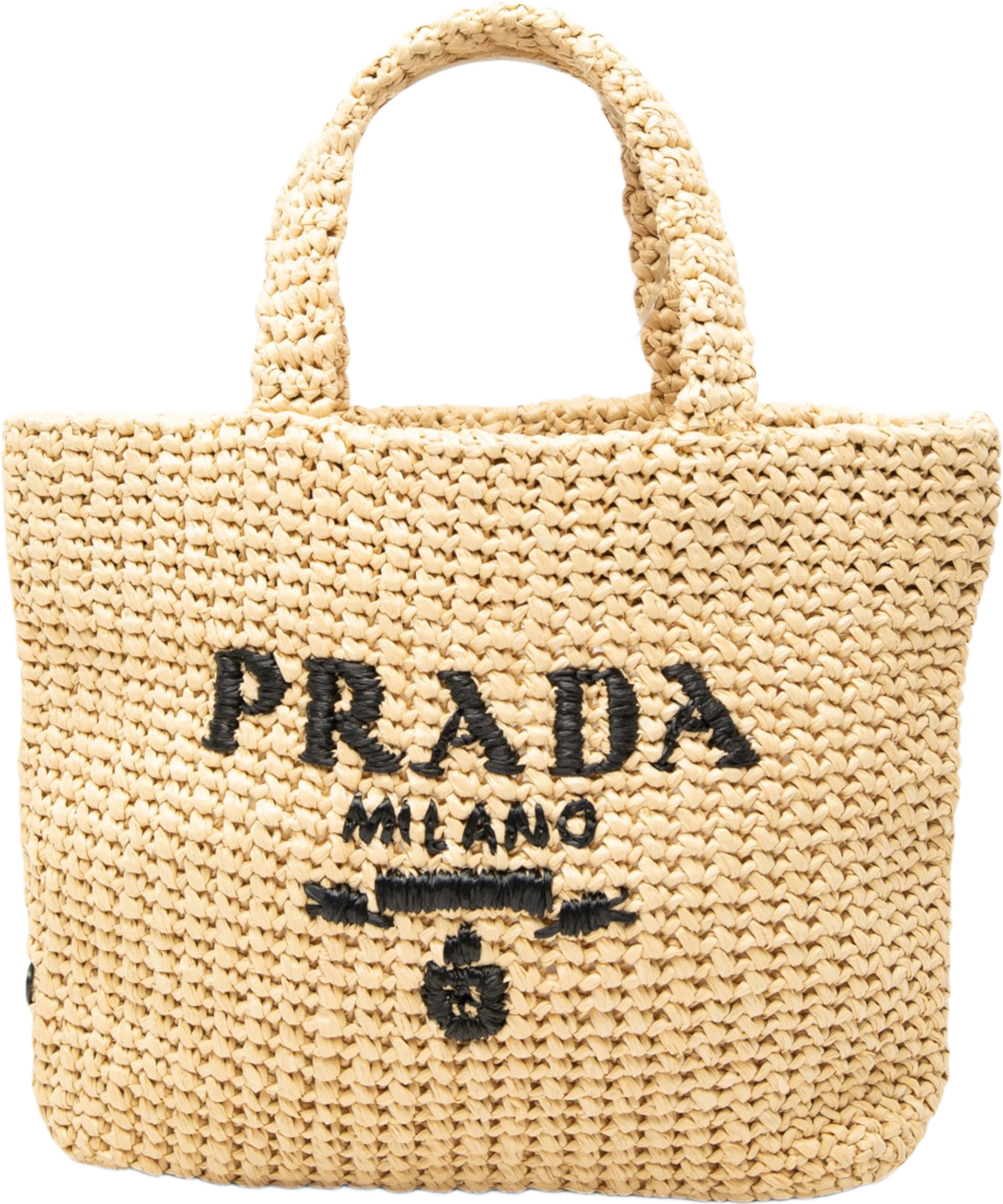 Prada Small Raffia Effect Crochet Embroidered Logo Tote, från Luxclusif, i färgen beige. Klicka för att öppna bilden i stort format