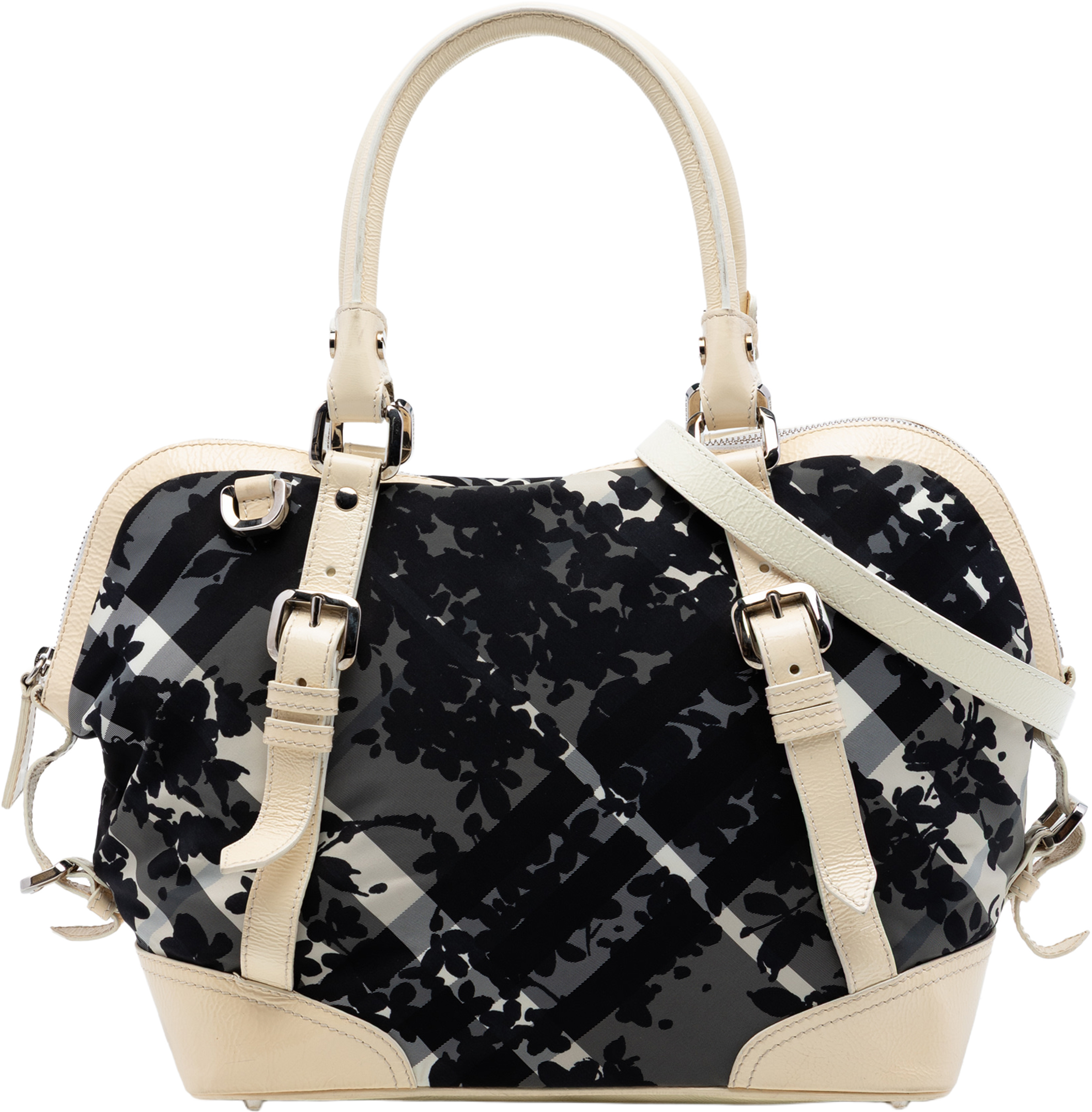 Burberry Floral Beat Check Nylon And Patent Foley Satchel, från Luxclusif, i färgen dark gray. Klicka för att öppna bilden i stort format