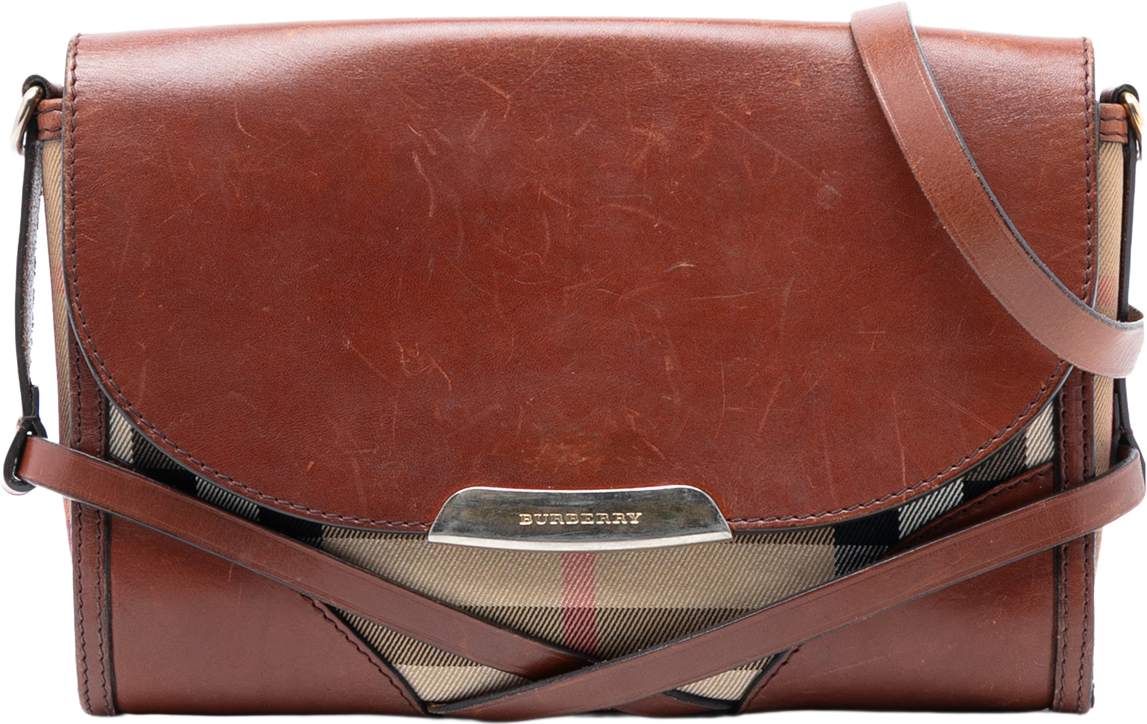 Burberry Leather And House Check Canvas Bridle Abbott Crossbody, från Luxclusif, i färgen brown. Klicka för att öppna bilden i stort format