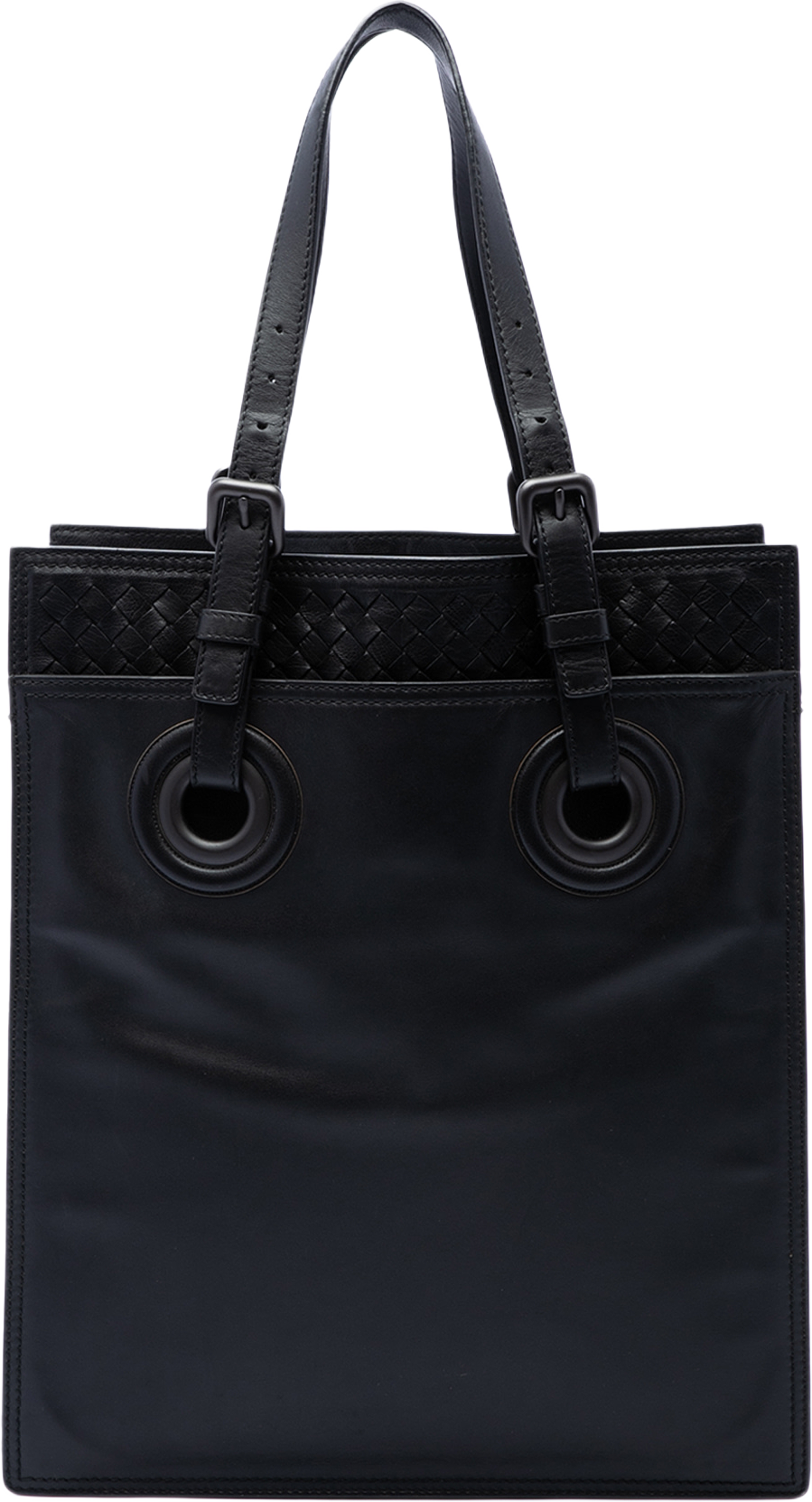 Bottega Veneta Intrecciato Trimmed Leather Oculus Tote, från Luxclusif, i färgen svart. Klicka för att öppna bilden i stort format