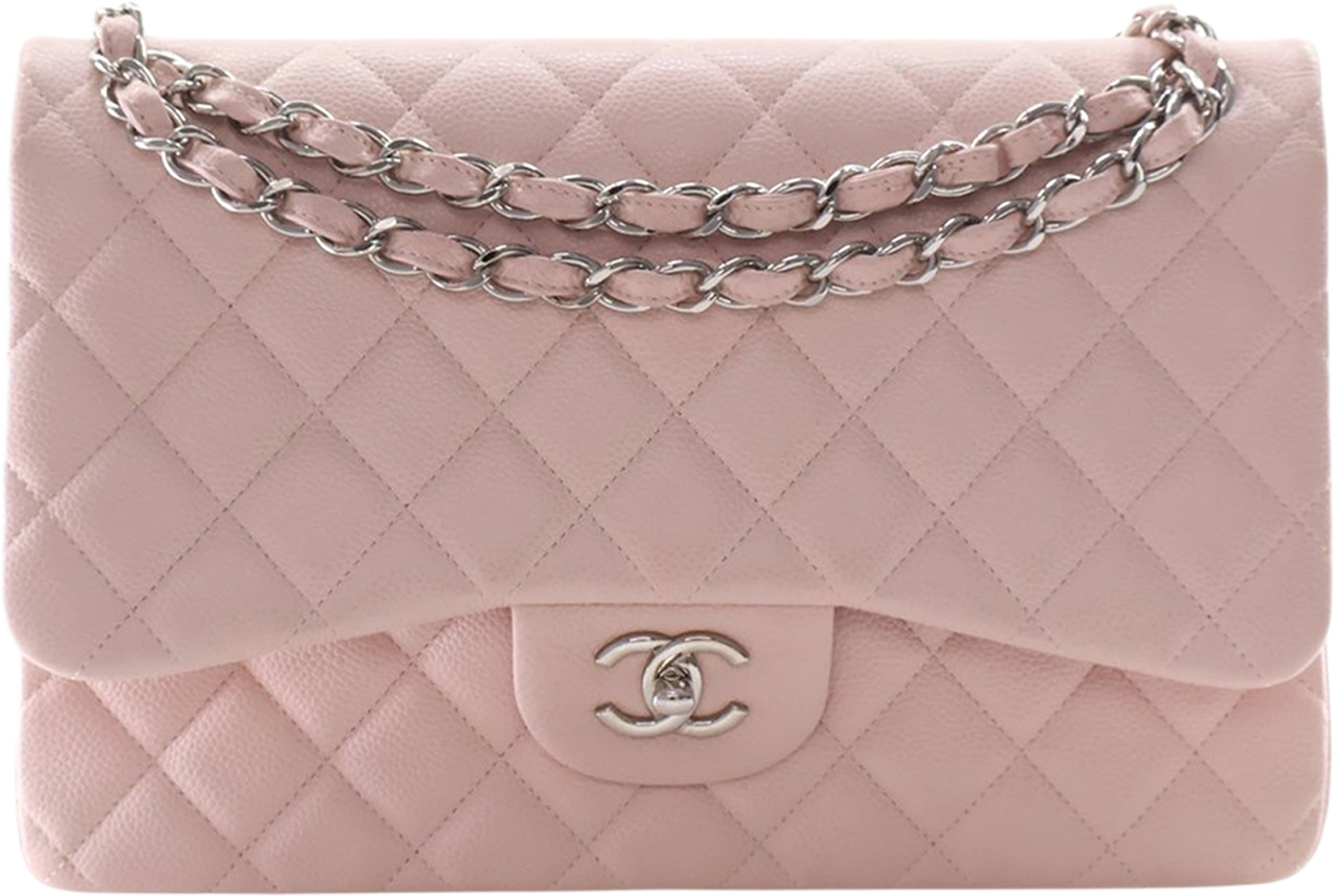 Chanel Jumbo Classic Caviar Double Flap, från Luxclusif, i färgen light pink. Klicka för att öppna bilden i stort format