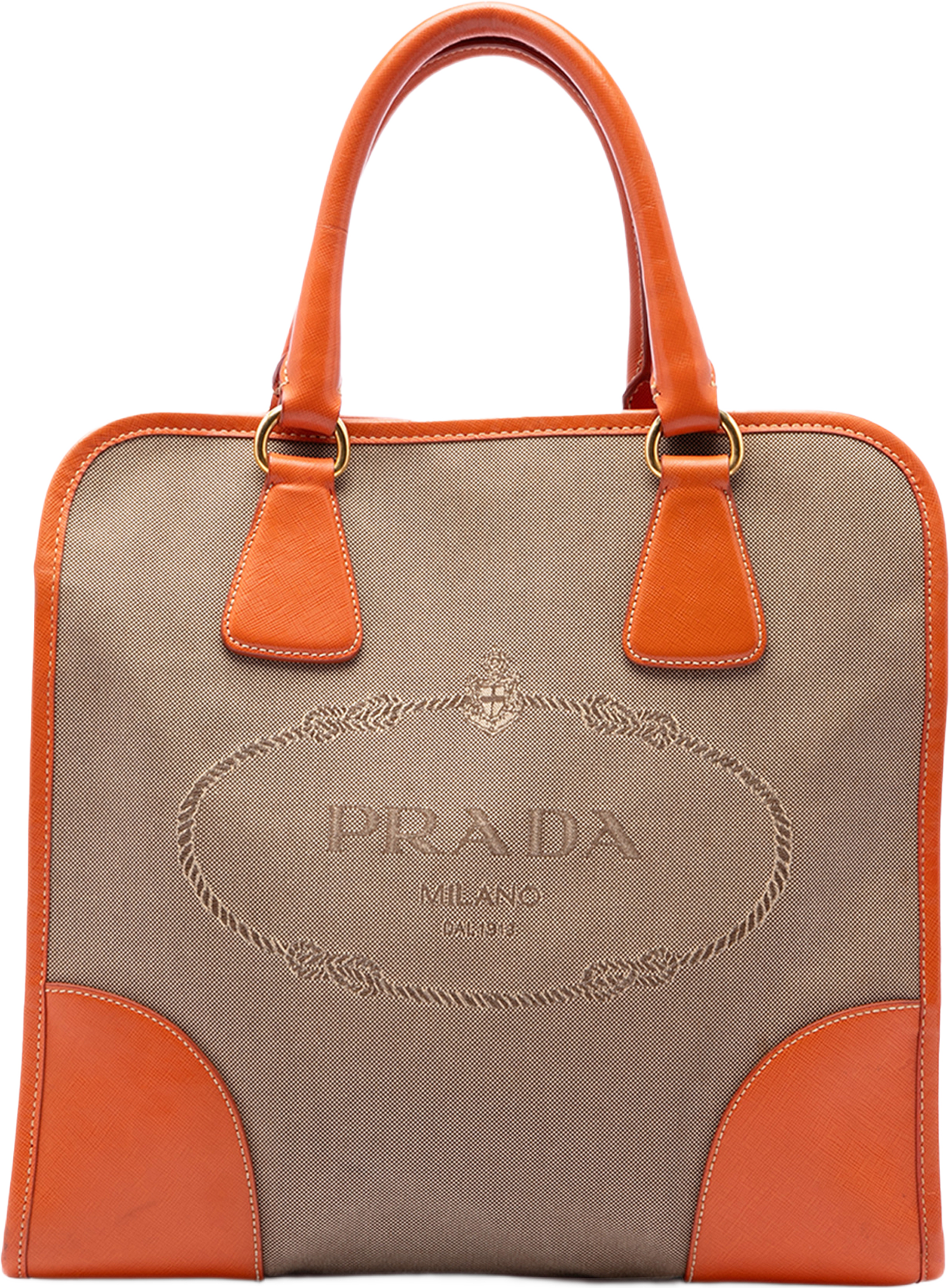 Prada Saffiano Trimmed Canvas Canapa Logo Satchel, från Luxclusif, i färgen brun. Klicka för att öppna bilden i stort format