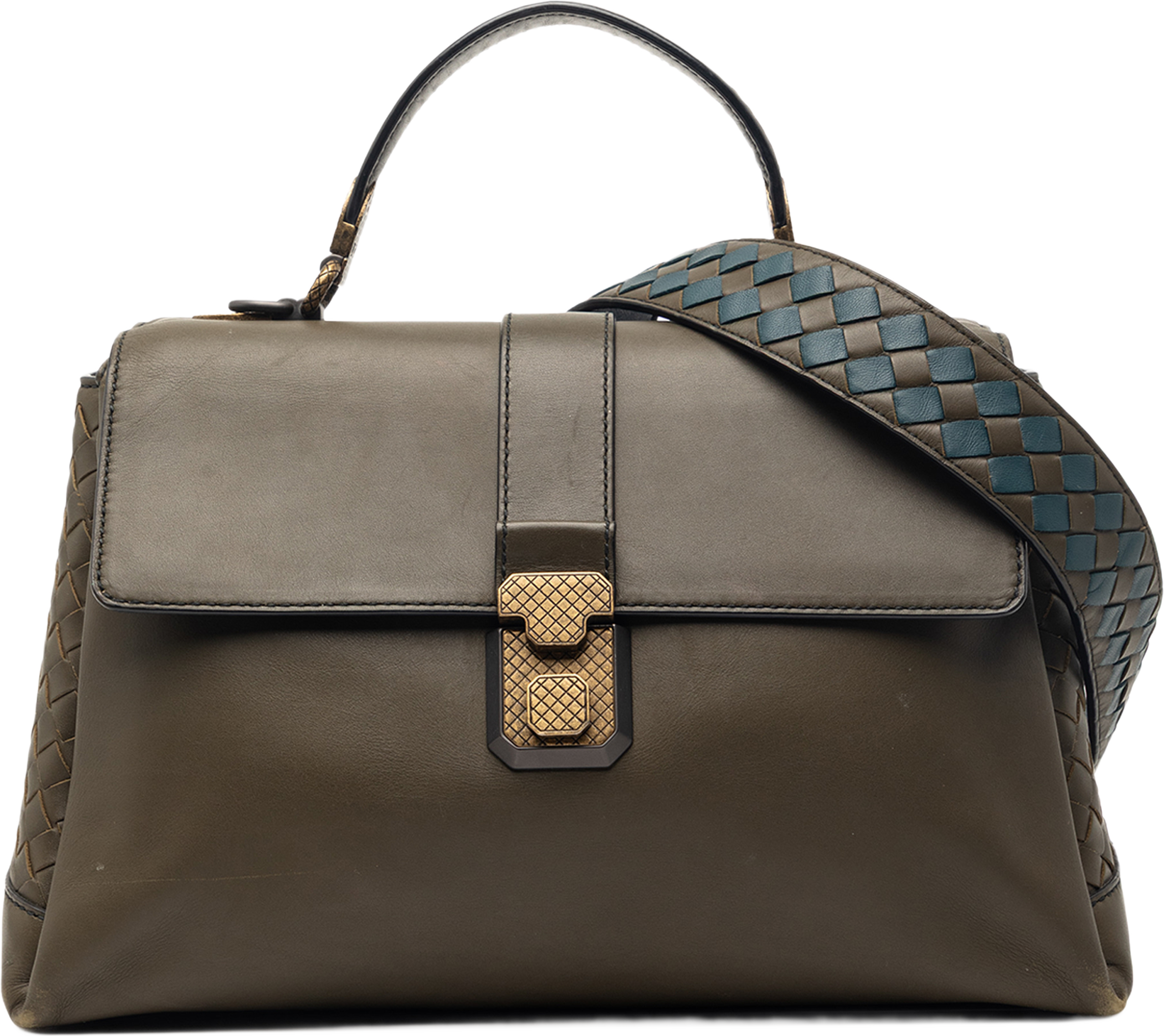 Bottega Veneta Medium Intrecciato Trimmed Nappa Piazza Satchel, från Luxclusif, i färgen brun. Klicka för att öppna bilden i stort format