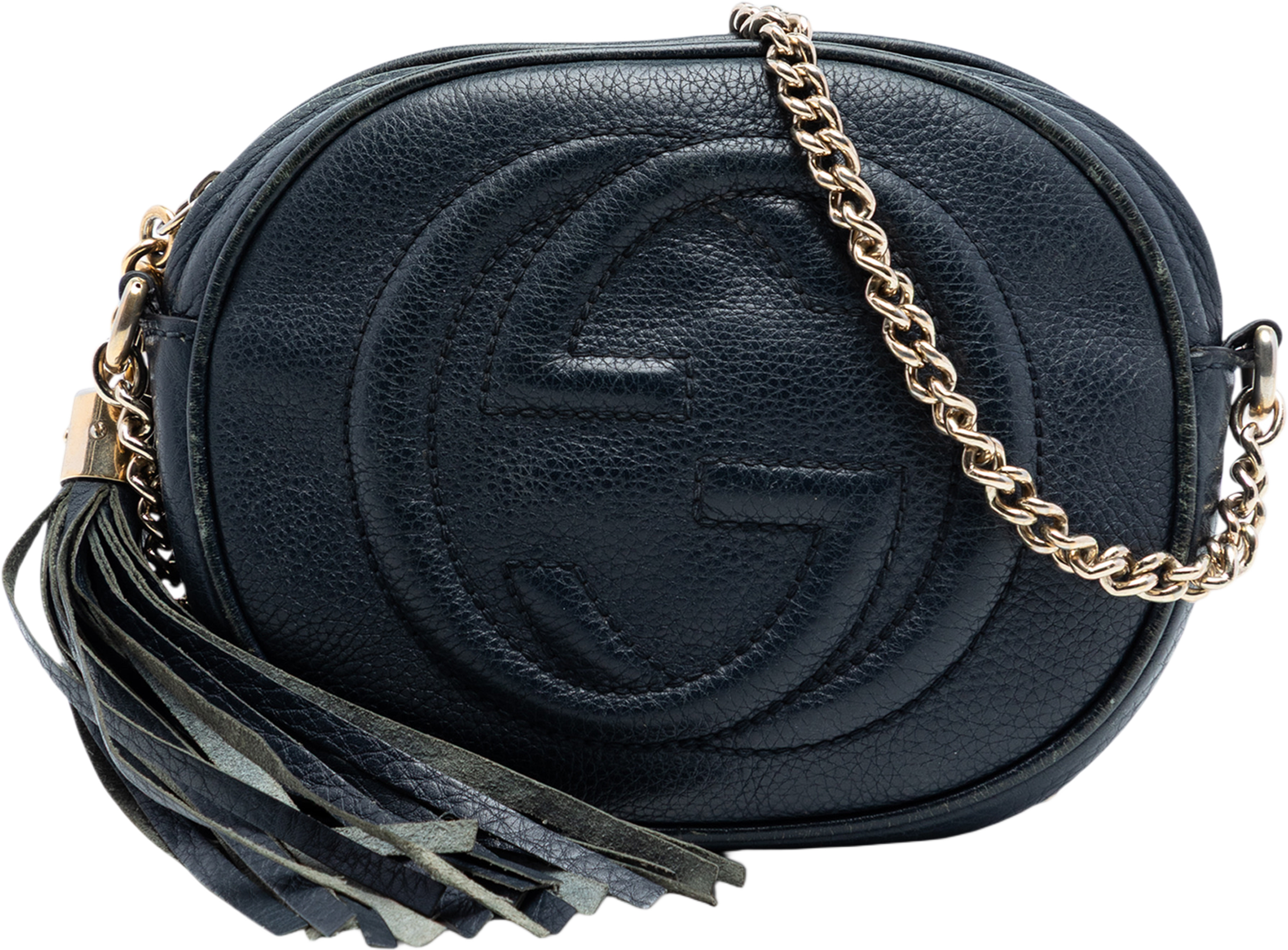 Gucci Mini Pebbled Calfskin Soho Chain Crossbody, från Luxclusif, i färgen navy. Klicka för att öppna bilden i stort format