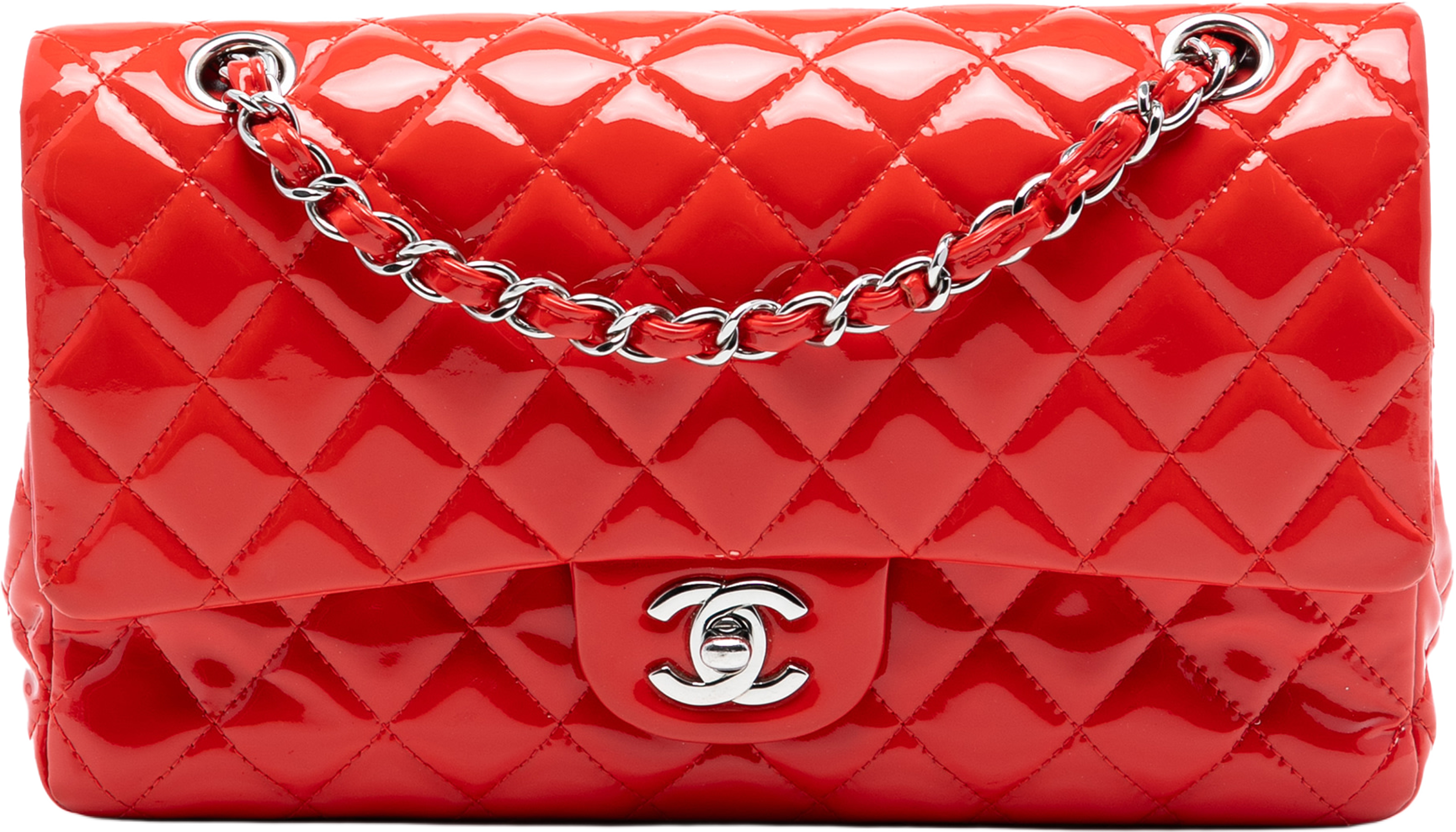 Chanel Medium Classic Patent Double Flap, från Luxclusif, i färgen red. Klicka för att öppna bilden i stort format