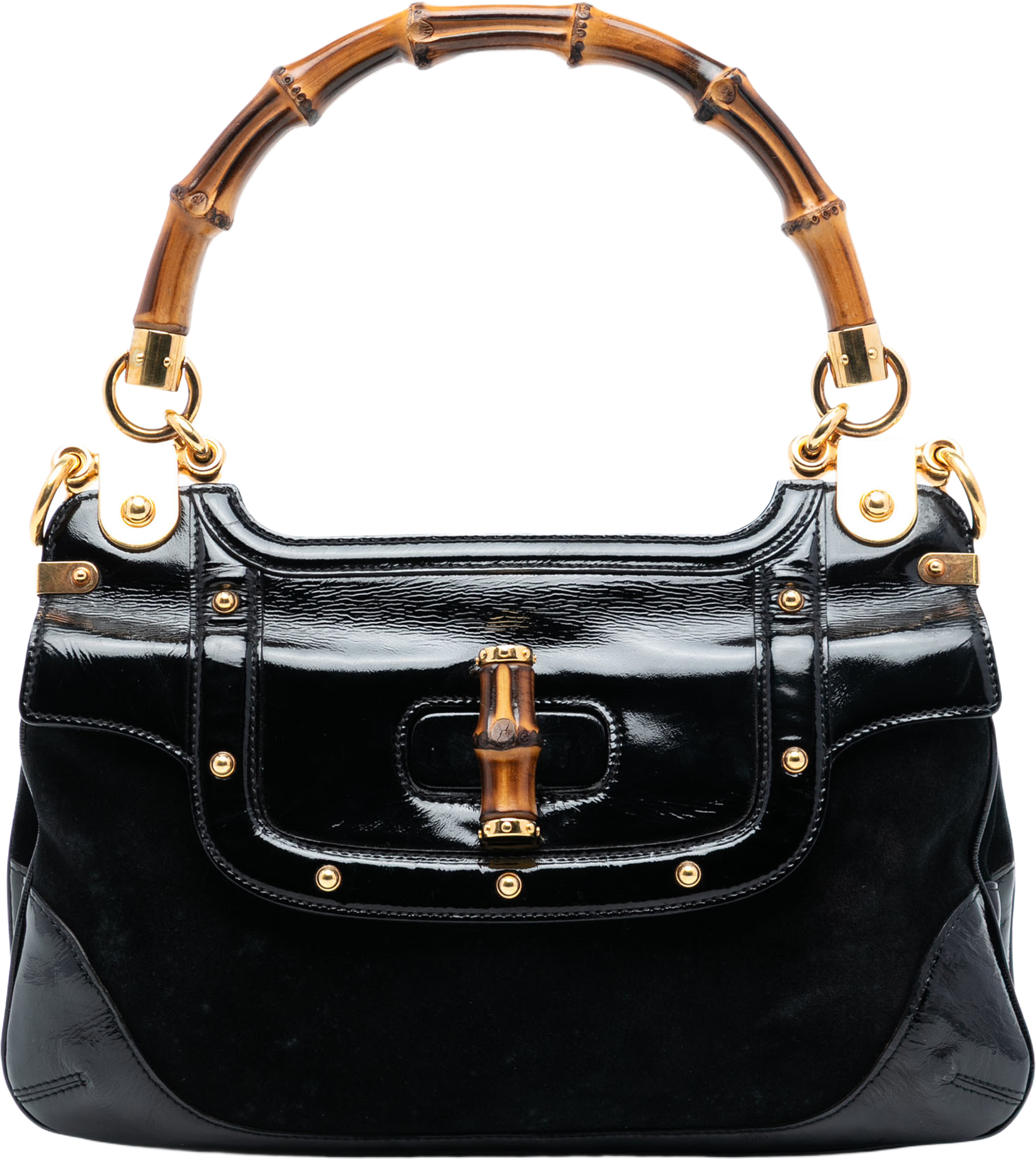 Gucci Suede And Patent Peggy Bamboo Top Handle Bag, från Luxclusif, i färgen black. Klicka för att öppna bilden i stort format