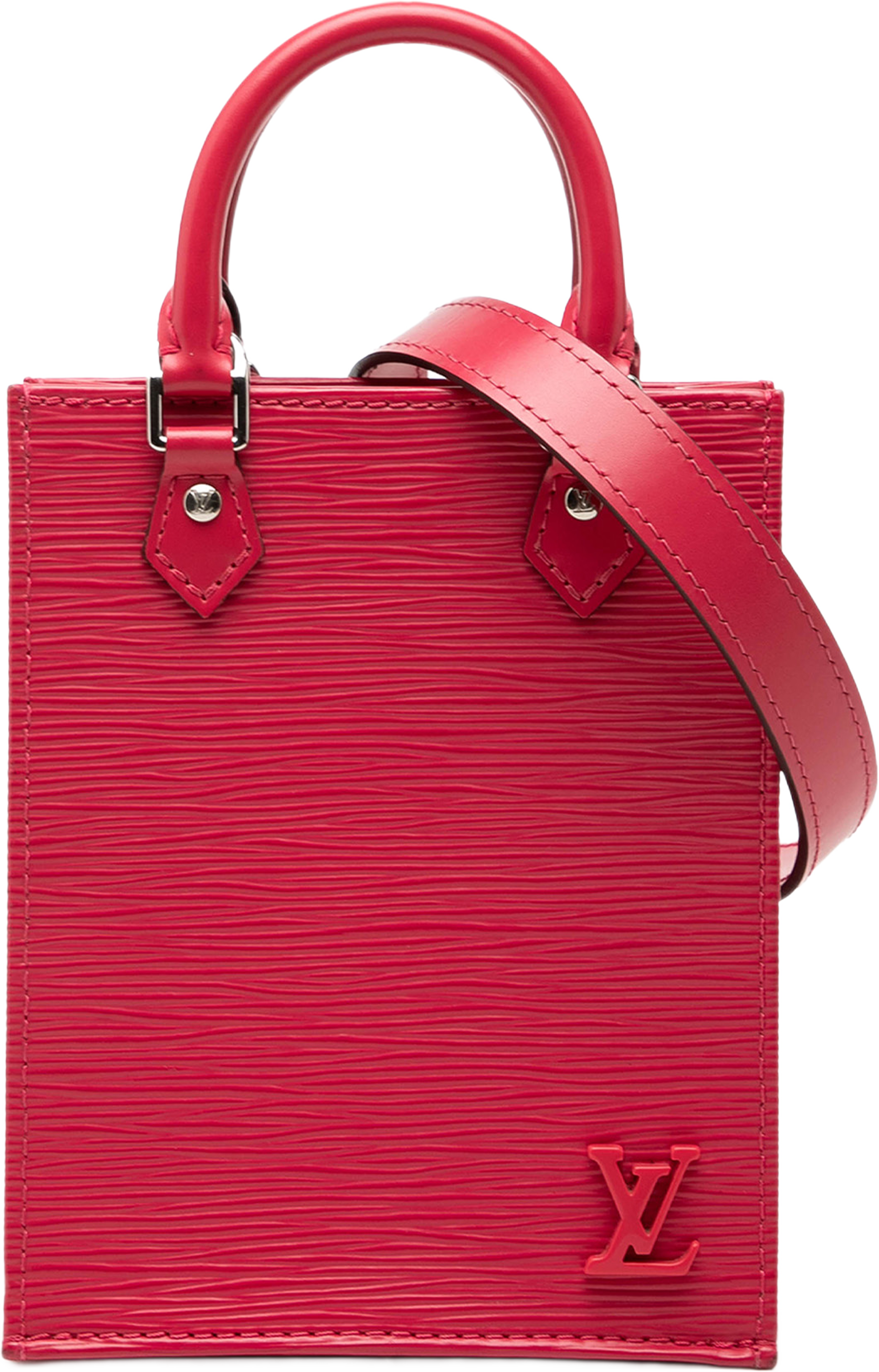 Louis Vuitton Epi Petit Sac Plat, från Luxclusif, i färgen hot pink. Klicka för att öppna bilden i stort format