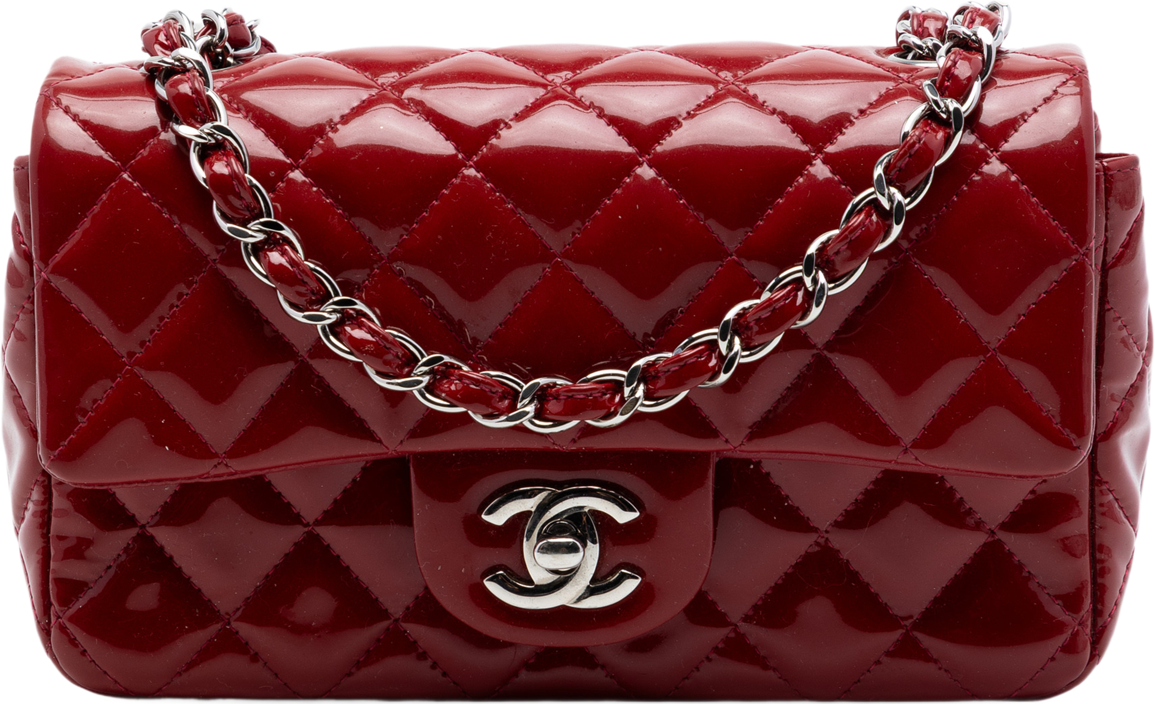 Chanel Mini Rectangular Classic Patent Single Flap, från Luxclusif, i färgen dark red. Klicka för att öppna bilden i stort format