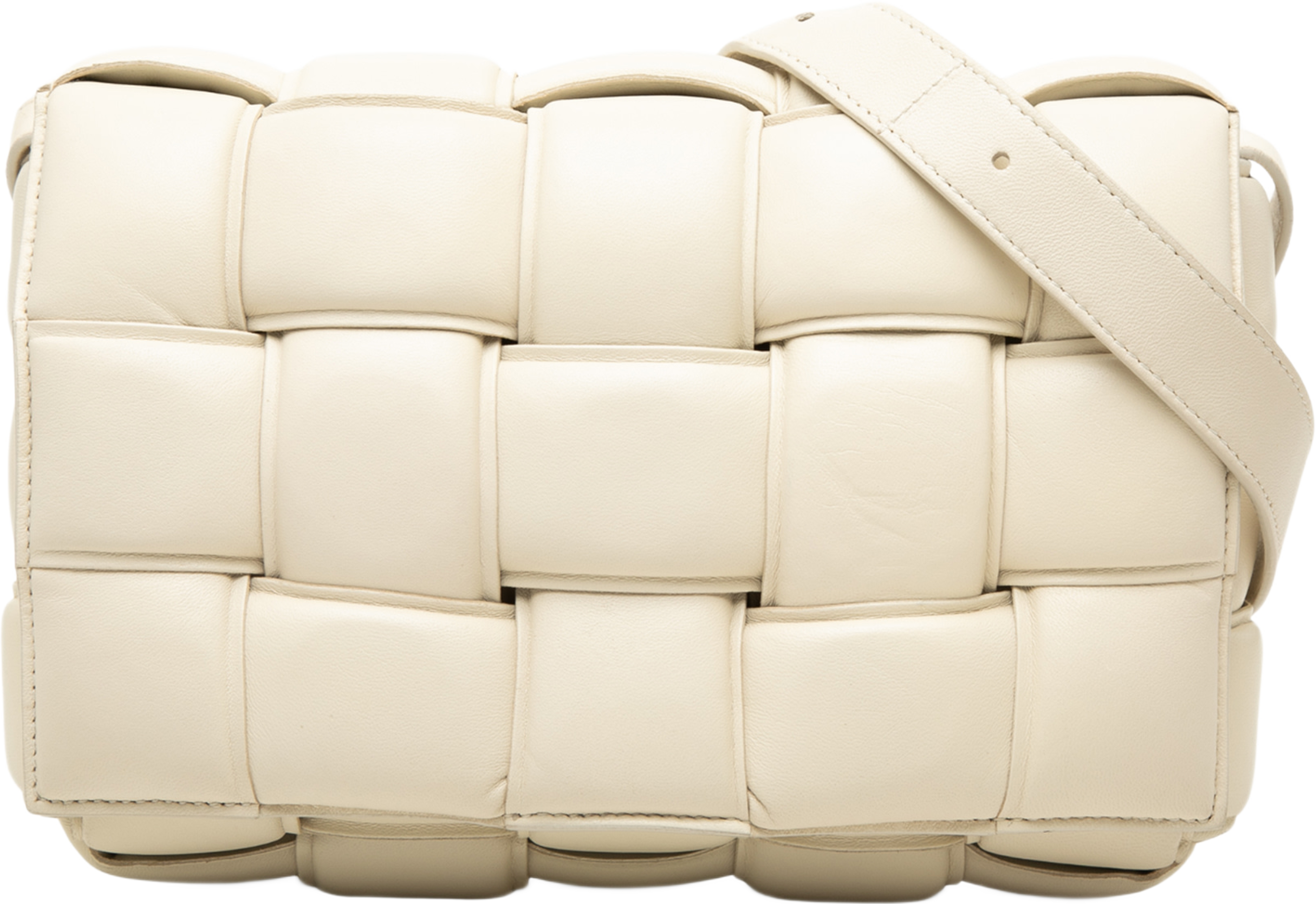 Bottega Veneta Nappa Intrecciato Padded Cassette Crossbody, från Luxclusif, i färgen vit. Klicka för att öppna bilden i stort format