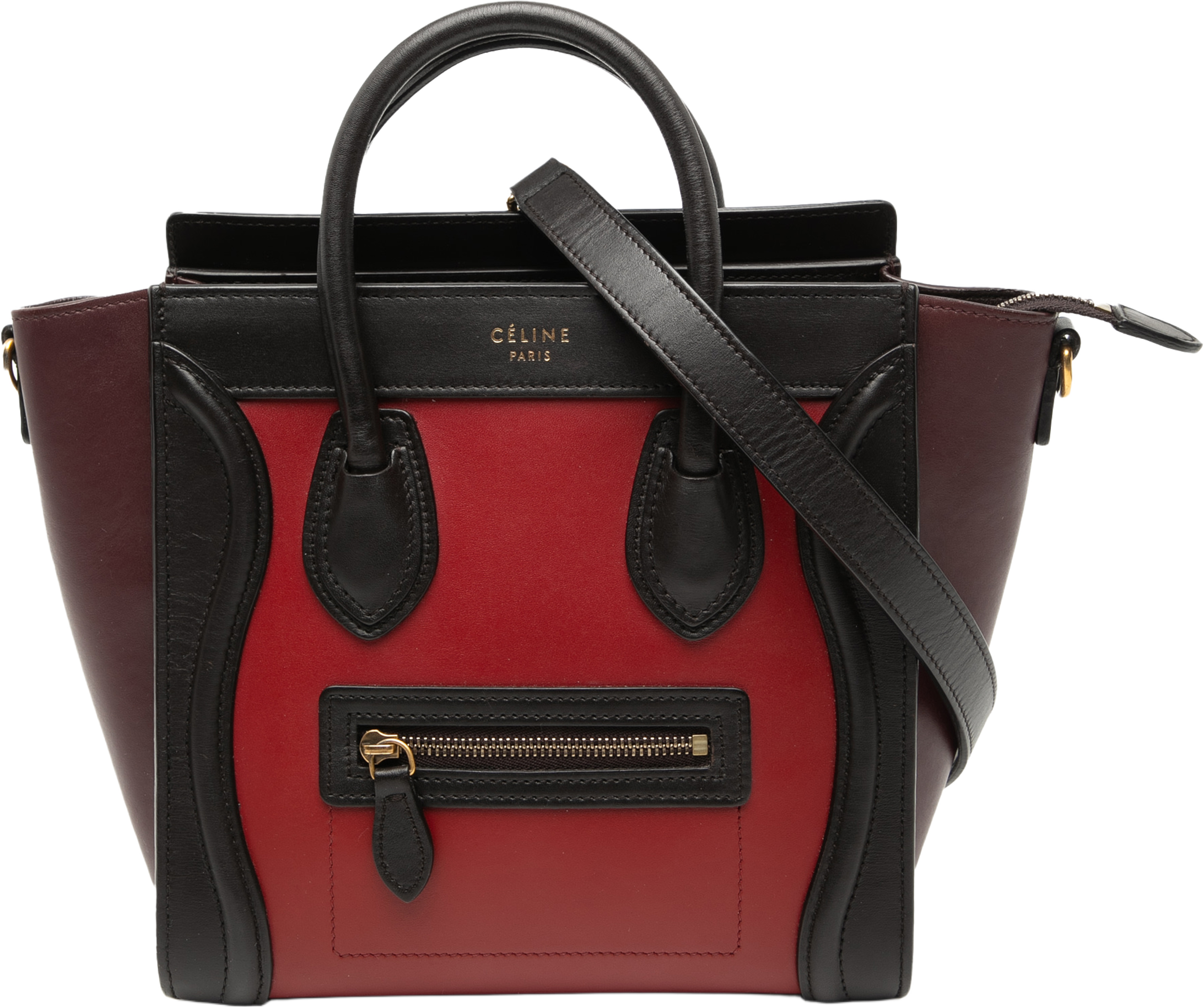 Celine Nano Tricolor Leather Luggage Tote, från Luxclusif, i färgen red. Klicka för att öppna bilden i stort format