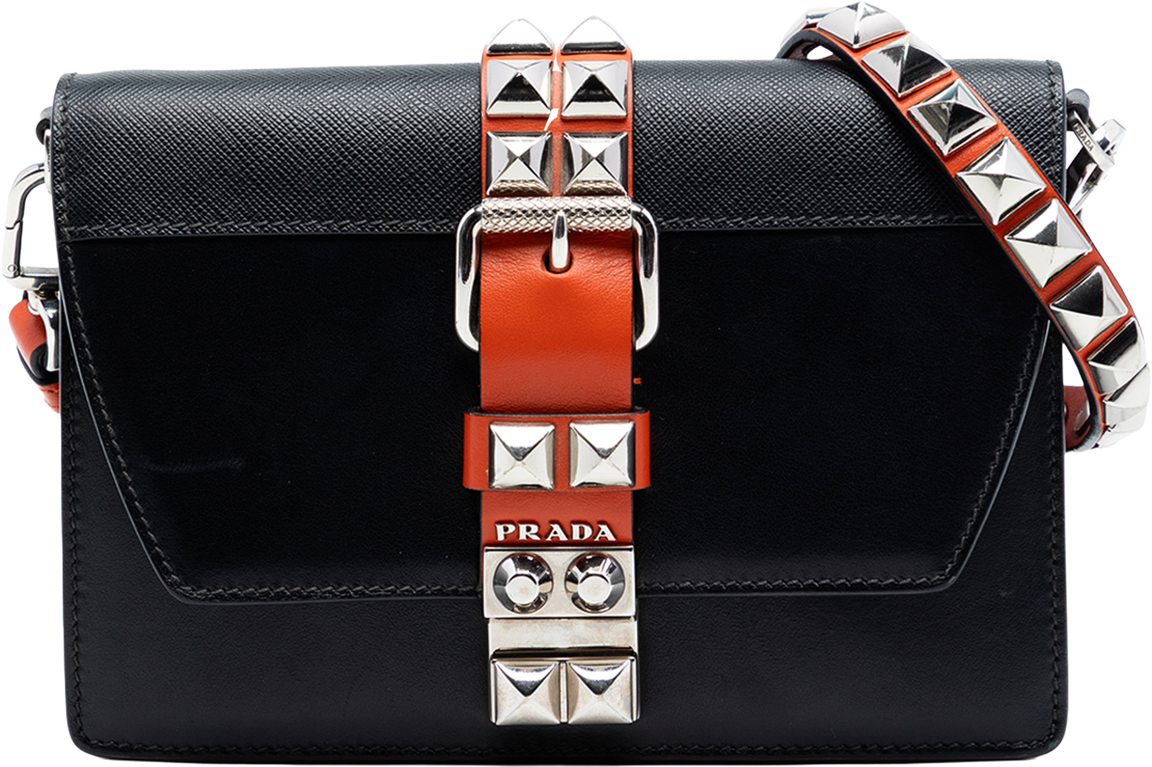 Prada City Calfskin And Saffiano Studded Elektra Crossbody, från Luxclusif, i färgen black. Klicka för att öppna bilden i stort format
