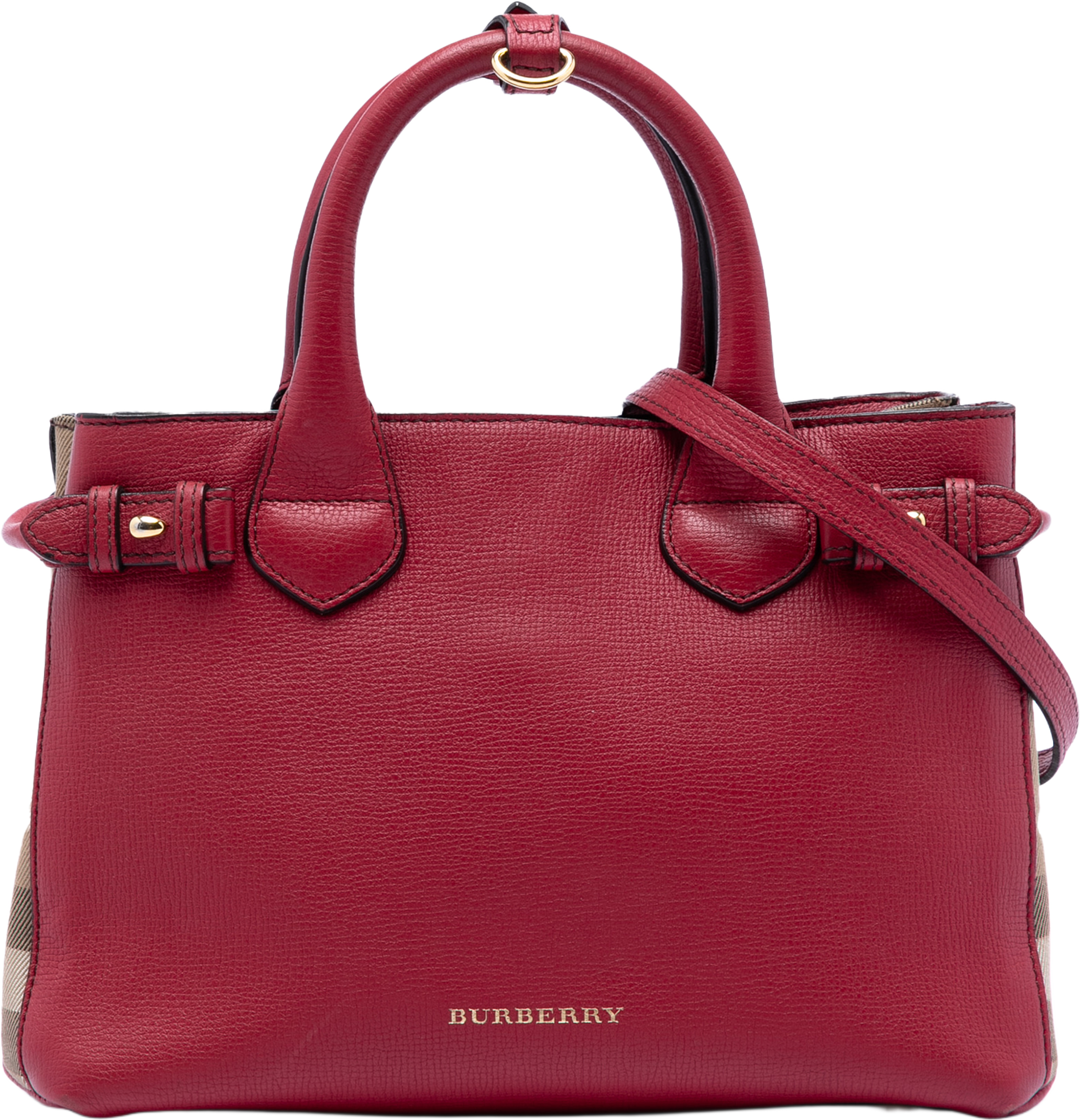 Burberry Small Grainy Calfskin And House Check Banner Satchel, från Luxclusif, i färgen red. Klicka för att öppna bilden i stort format