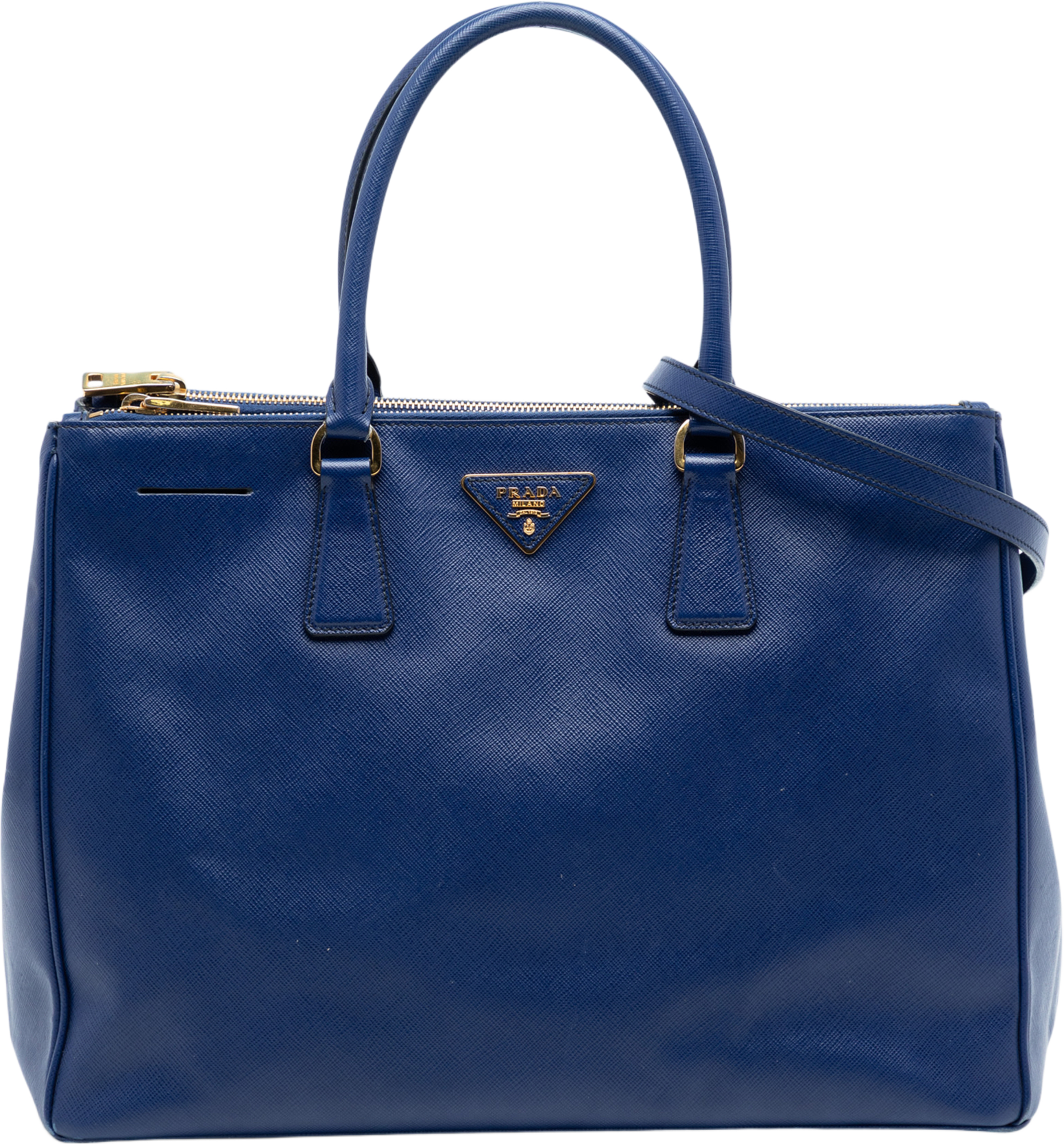 Prada Large Saffiano Lux Galleria Double Zip Tote, från Luxclusif, i färgen blue. Klicka för att öppna bilden i stort format