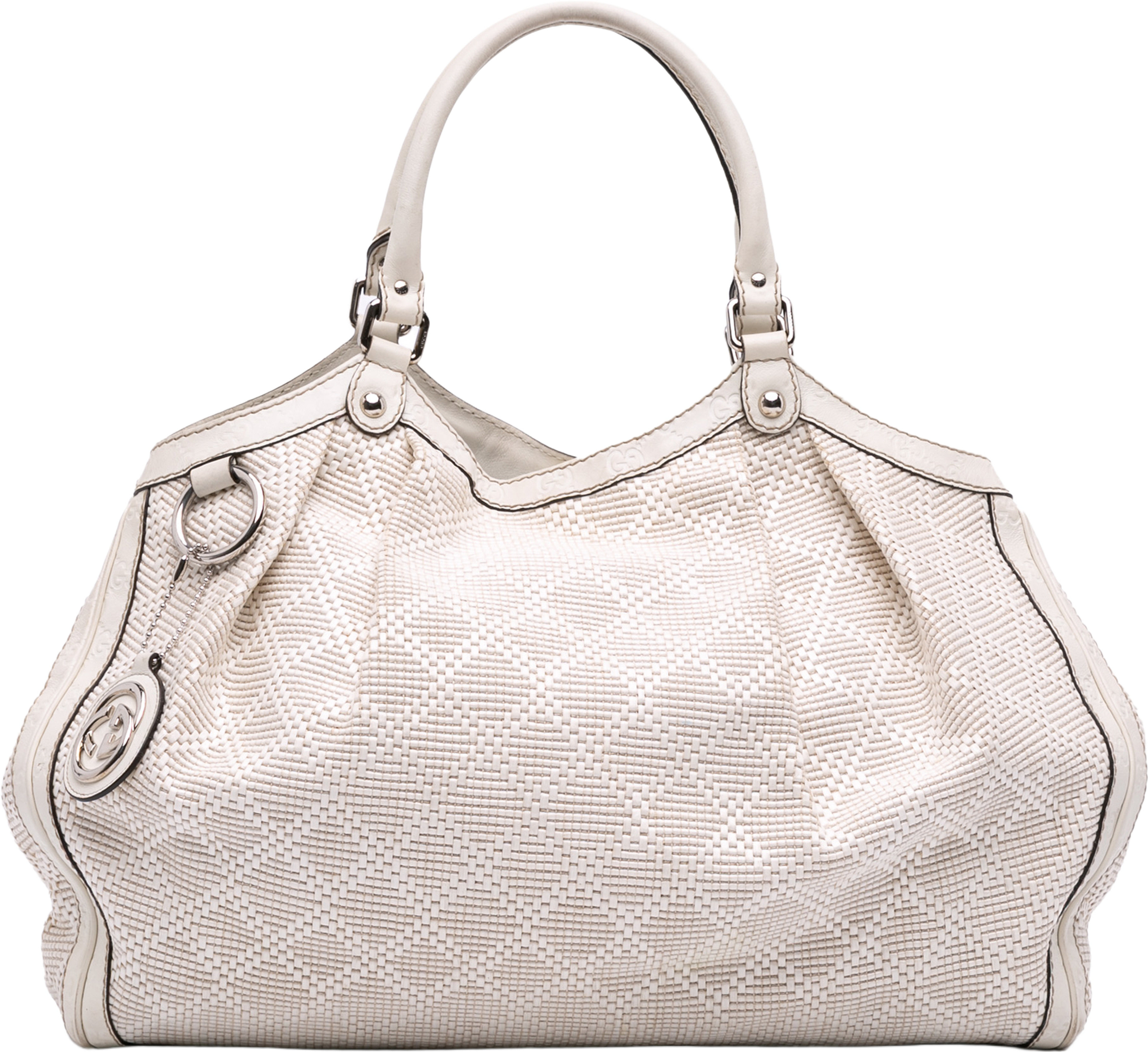 Gucci Large Diamante Raffia Sukey Tote, från Luxclusif, i färgen white. Klicka för att öppna bilden i stort format