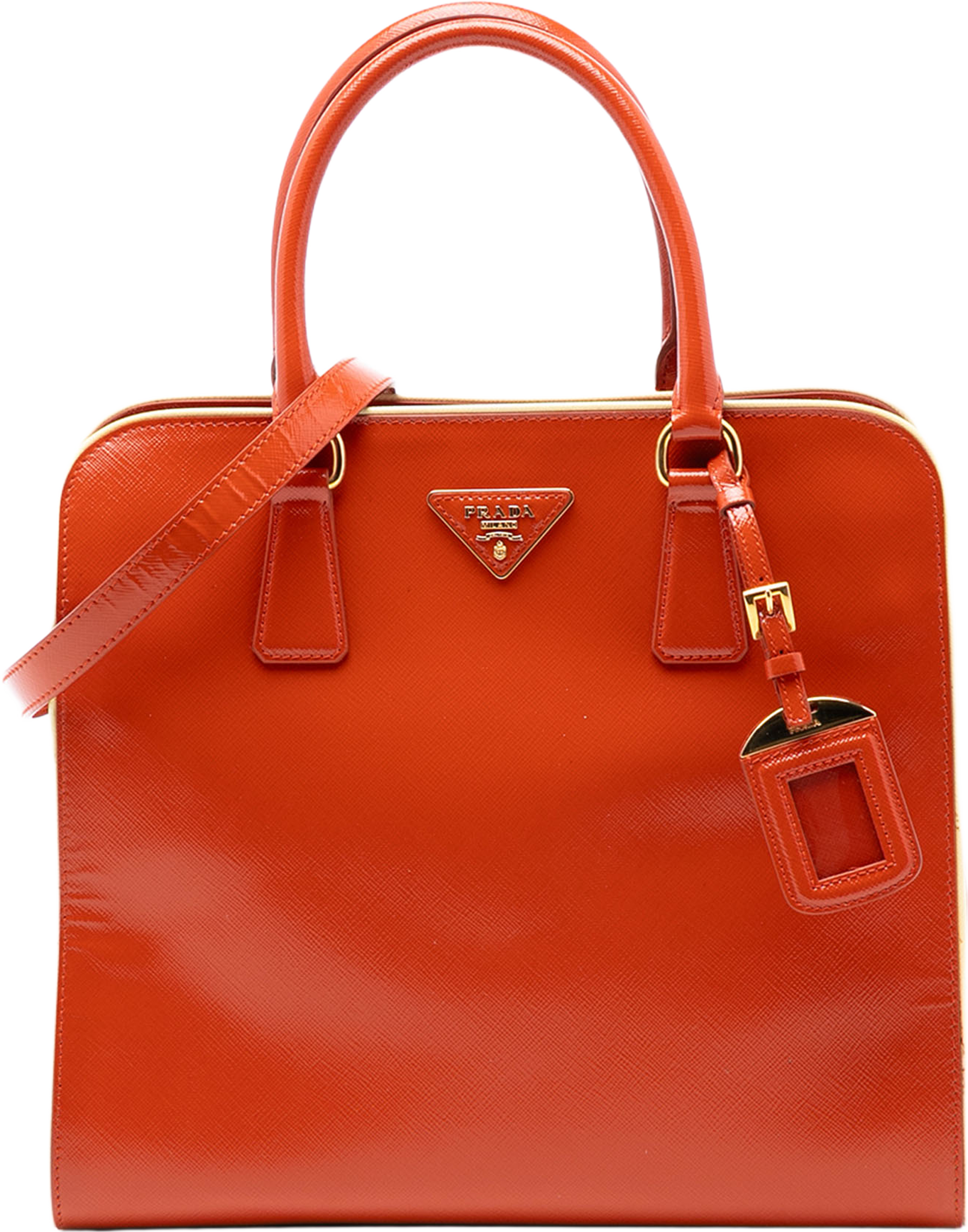 Prada Saffiano Vernice Open Convertible Tote, från Luxclusif, i färgen dark orange. Klicka för att öppna bilden i stort format