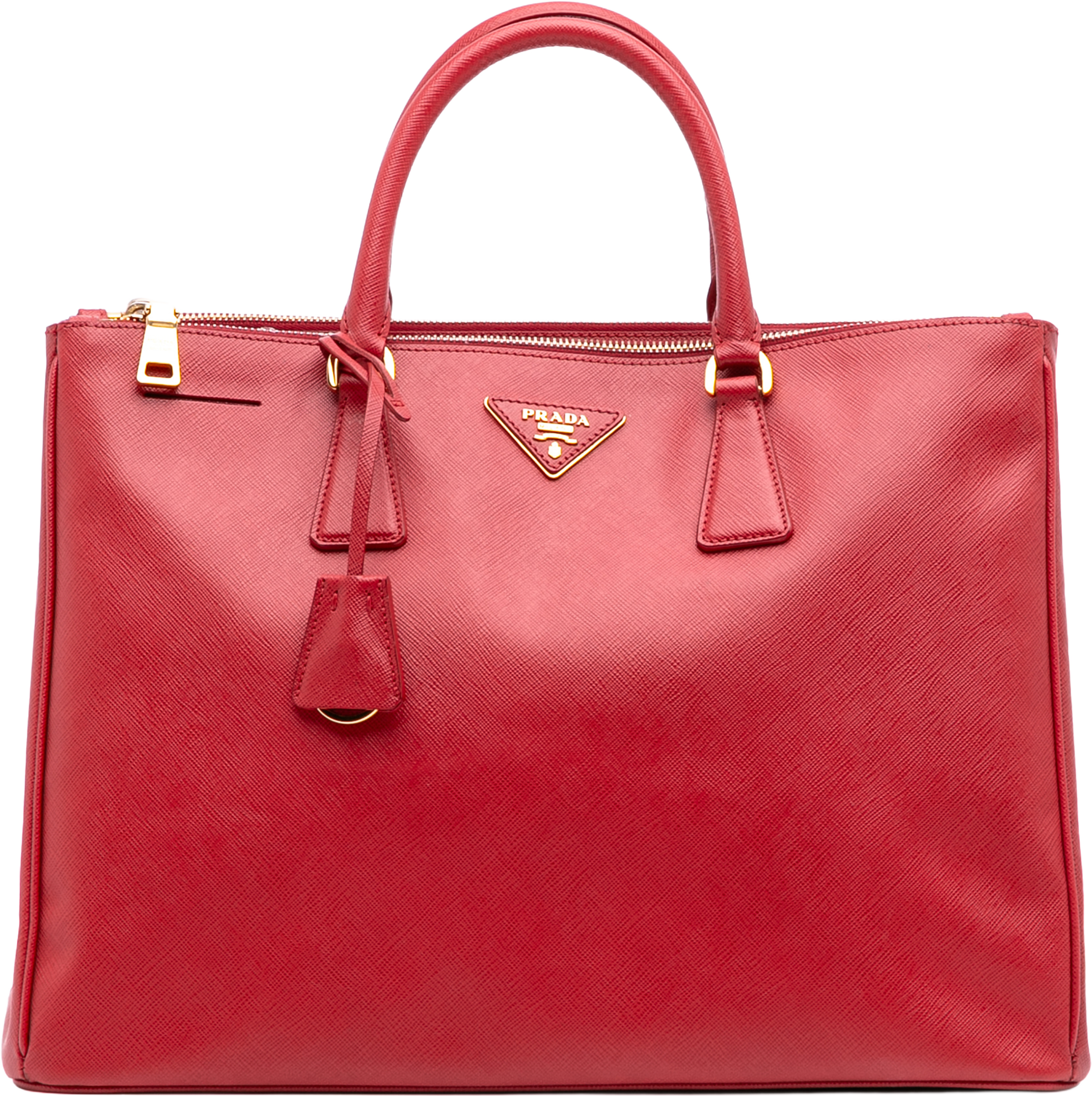 Prada Large Saffiano Lux Galleria Double Zip Satchel, från Luxclusif, i färgen red. Klicka för att öppna bilden i stort format