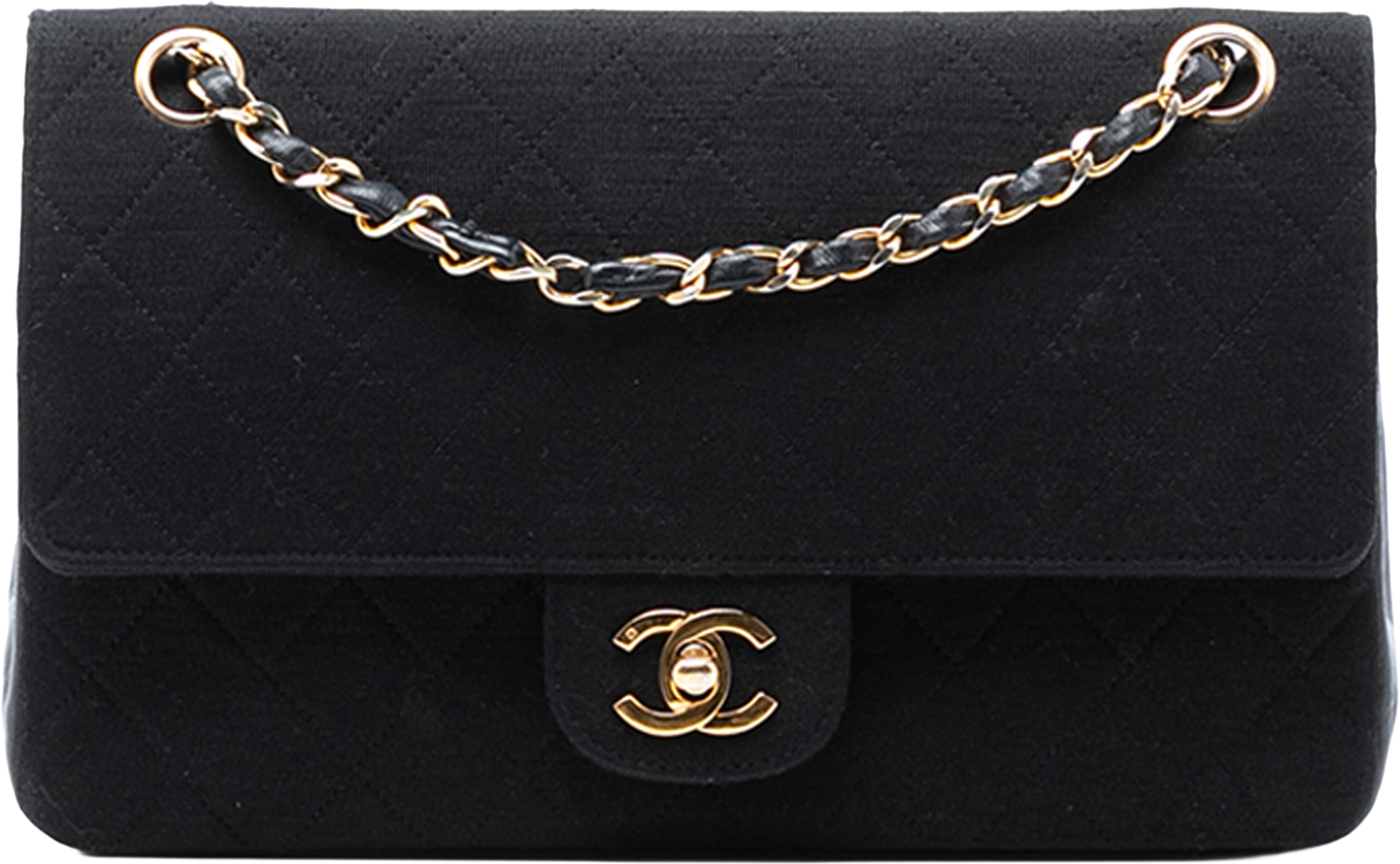 Chanel Medium Classic Jersey Double Flap, från Luxclusif, i färgen black. Klicka för att öppna bilden i stort format