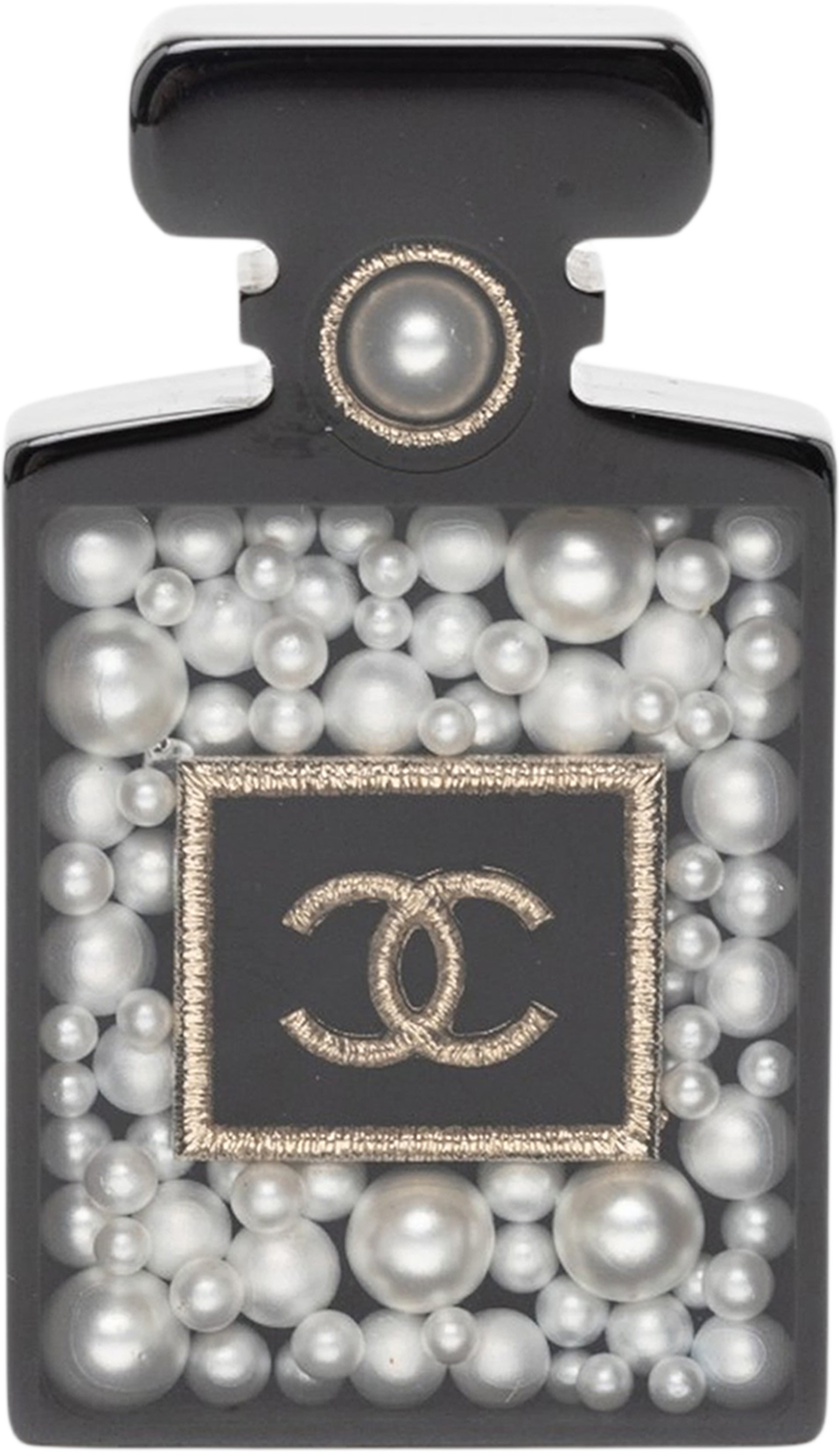 Chanel Cc Resin And Faux Pearl Perfume Bottle Pin Brooch, från Luxclusif, i färgen black. Klicka för att öppna bilden i stort format