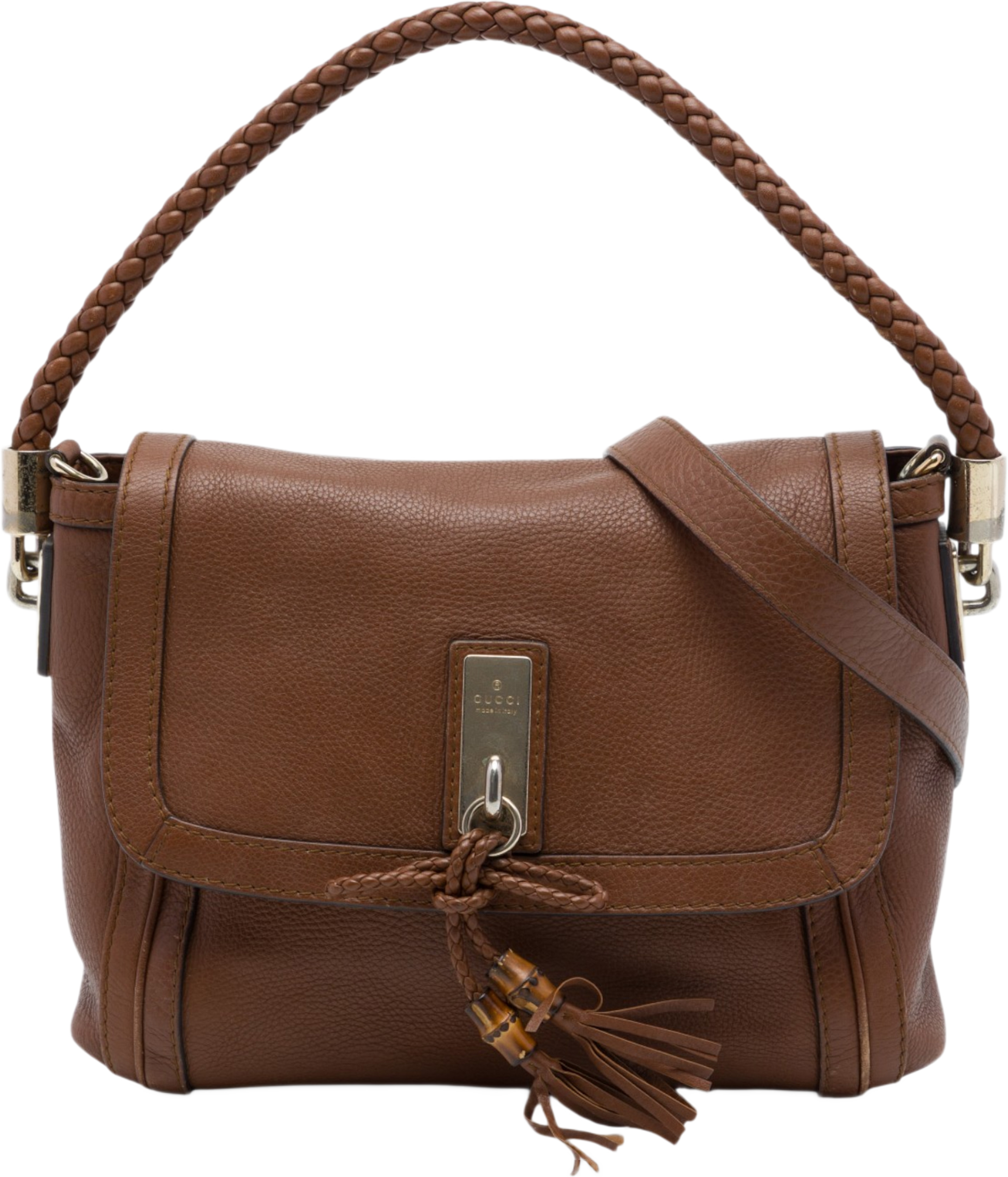 Gucci Calfskin Bella Flap Satchel, från Luxclusif, i färgen brun. Klicka för att öppna bilden i stort format