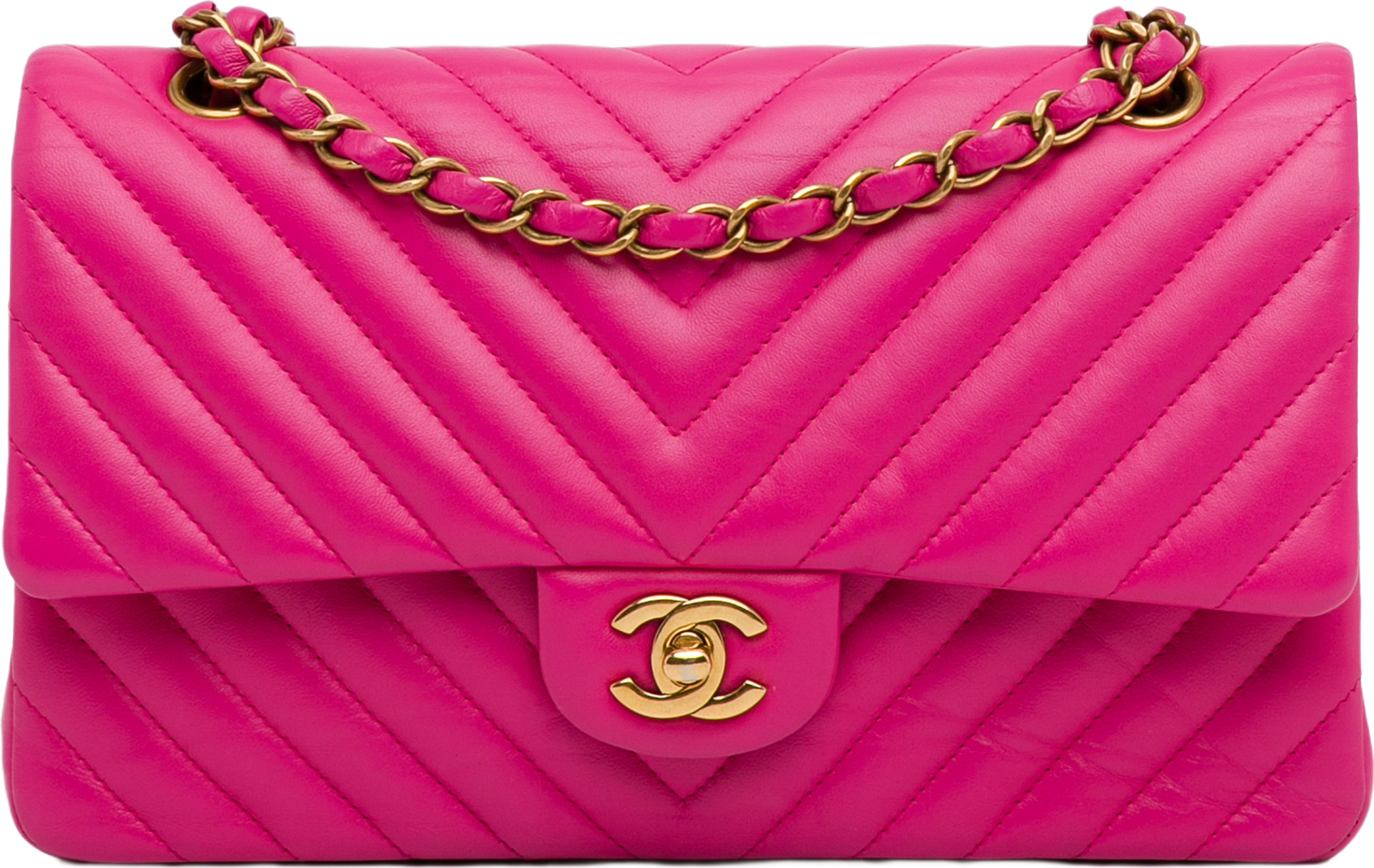 Chanel Medium Chevron Lambskin Double Flap, från Luxclusif, i färgen hot pink. Klicka för att öppna bilden i stort format