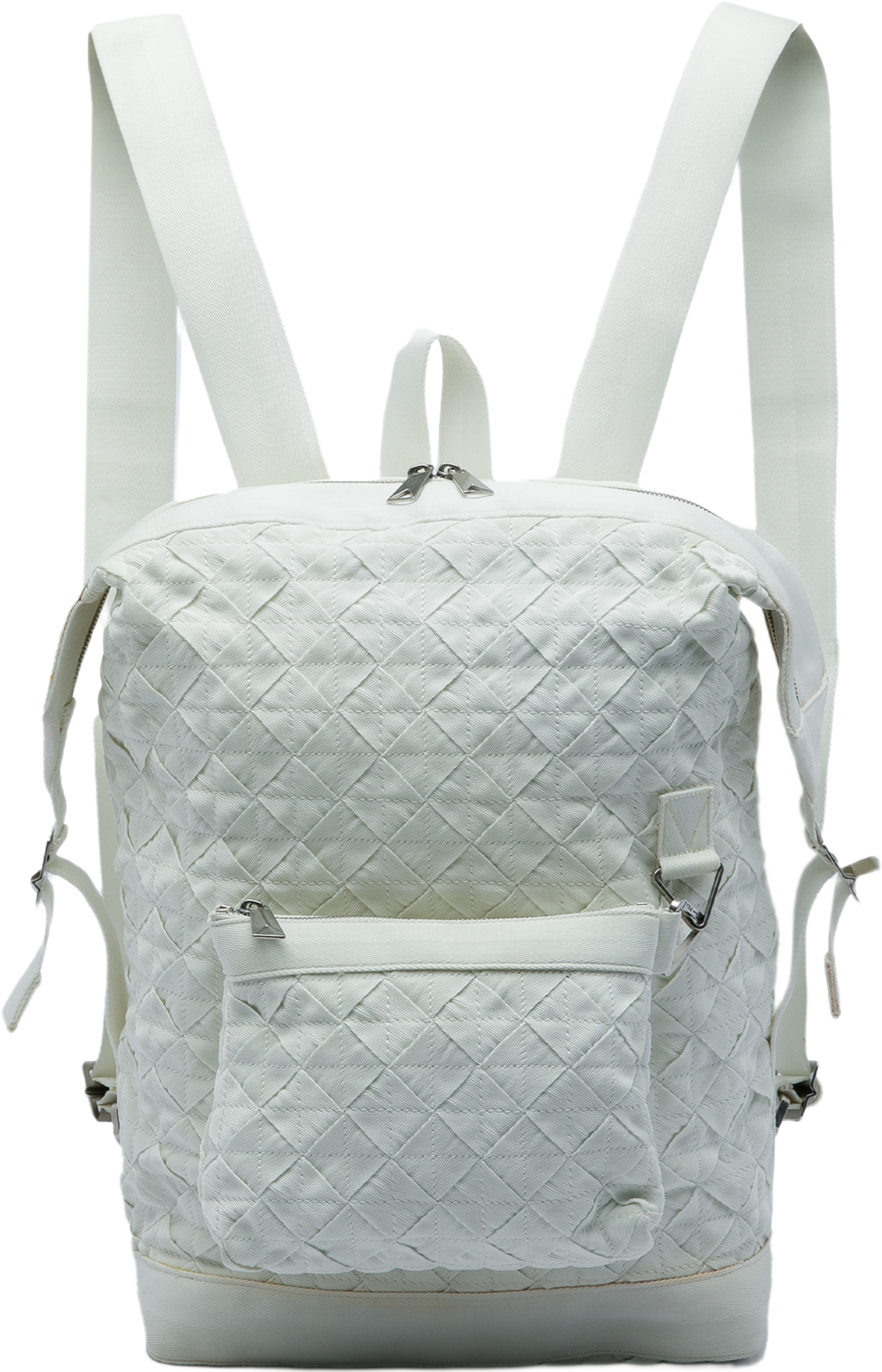 Bottega Veneta Canvas Intrecciato Webbing Backpack, från Luxclusif, i färgen vit. Klicka för att öppna bilden i stort format