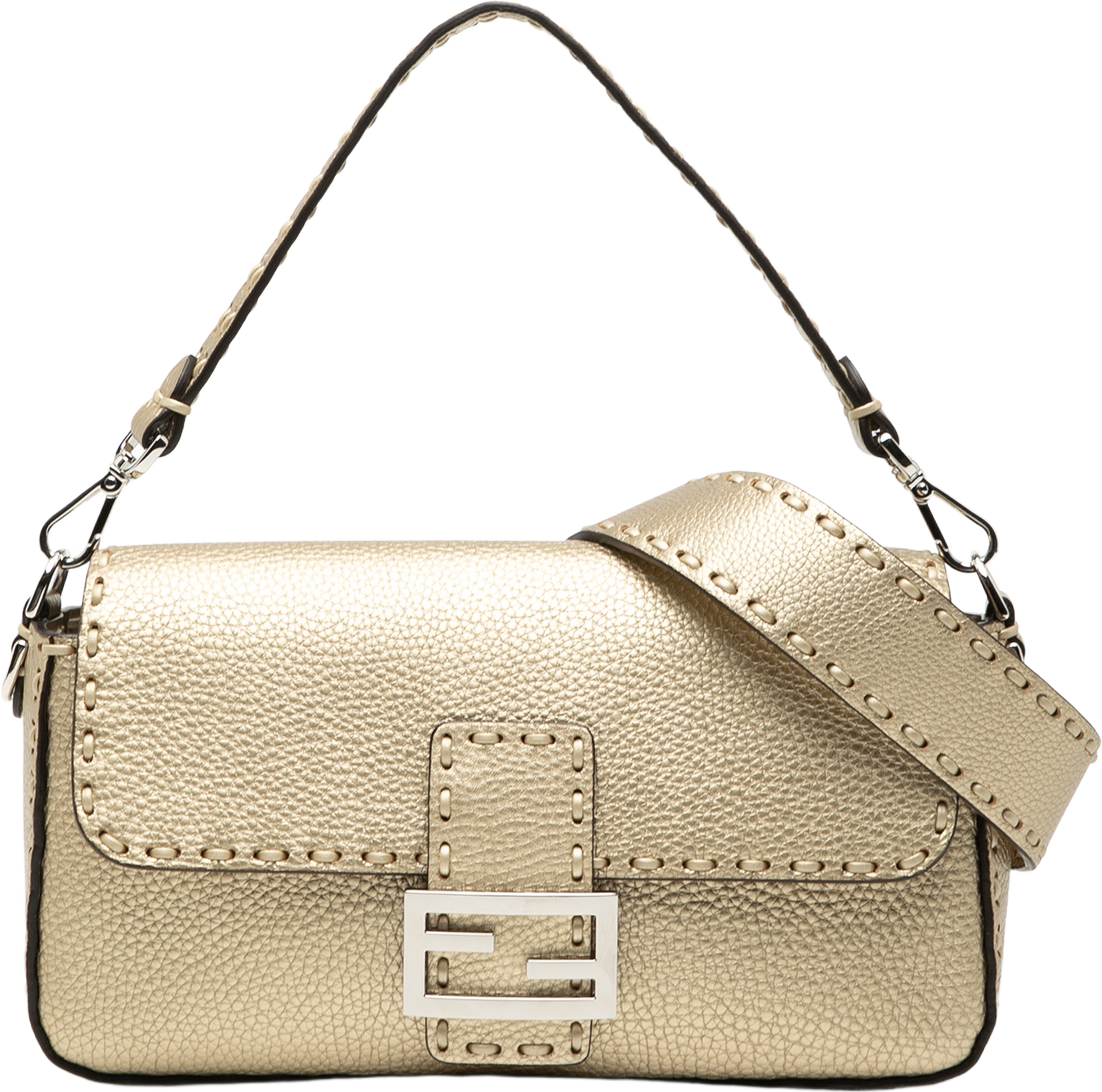 Fendi Medium Leather Selleria Baguette Satchel, från Luxclusif, i färgen gold. Klicka för att öppna bilden i stort format