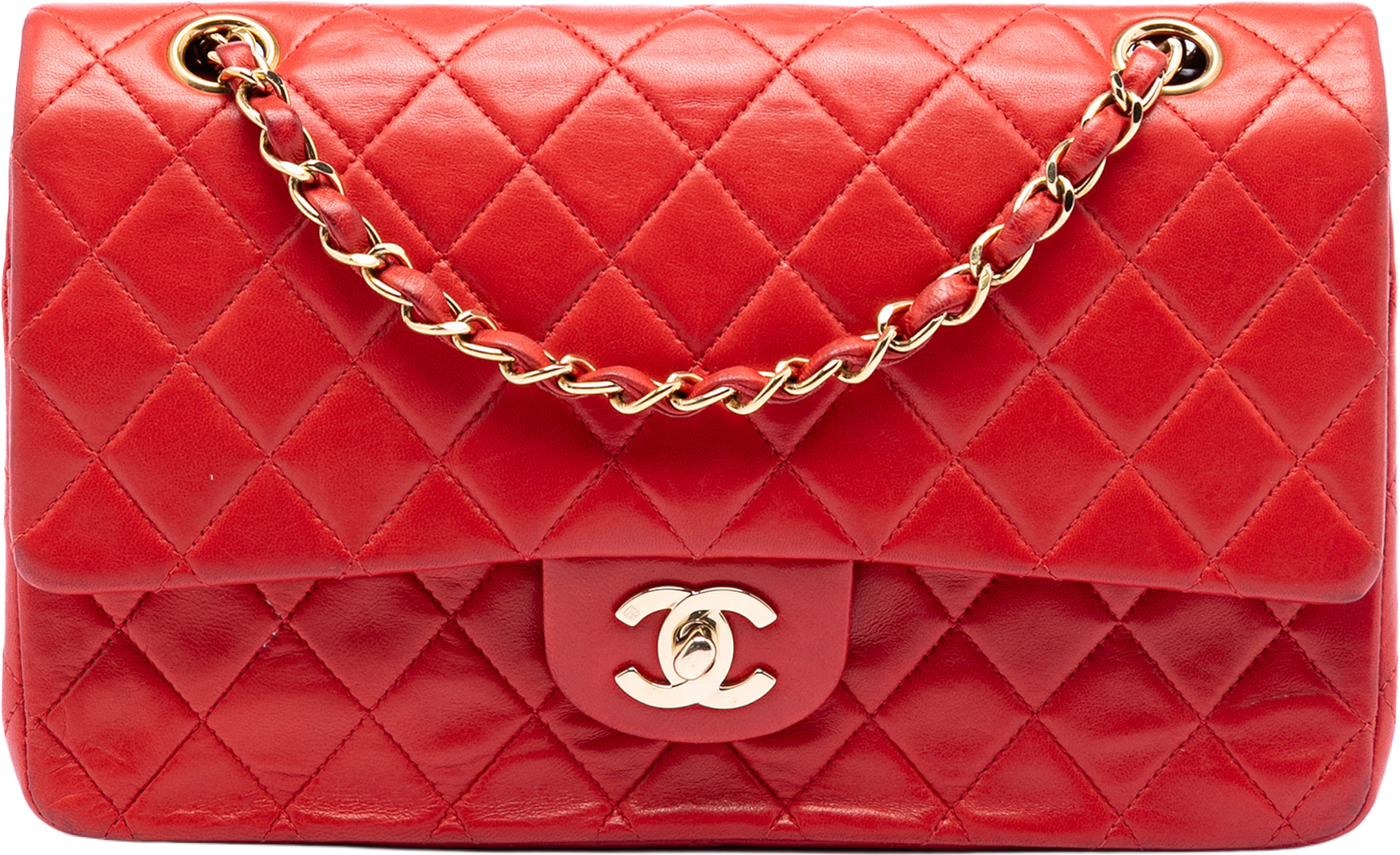 Chanel Medium Classic Lambskin Double Flap, från Luxclusif, i färgen red. Klicka för att öppna bilden i stort format