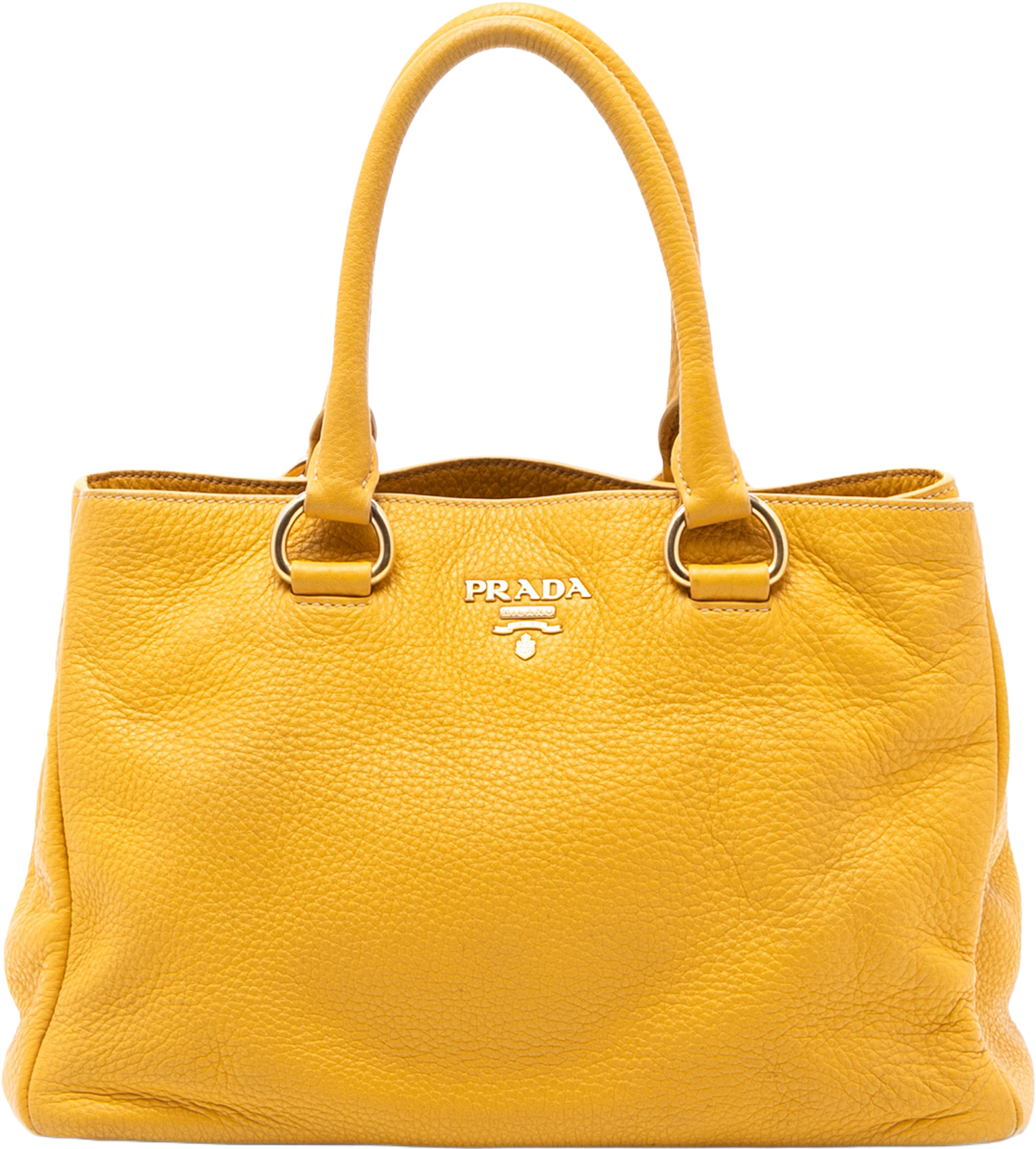 Prada Vitello Daino Open Convertible Tote, från Luxclusif, i färgen mustard. Klicka för att öppna bilden i stort format