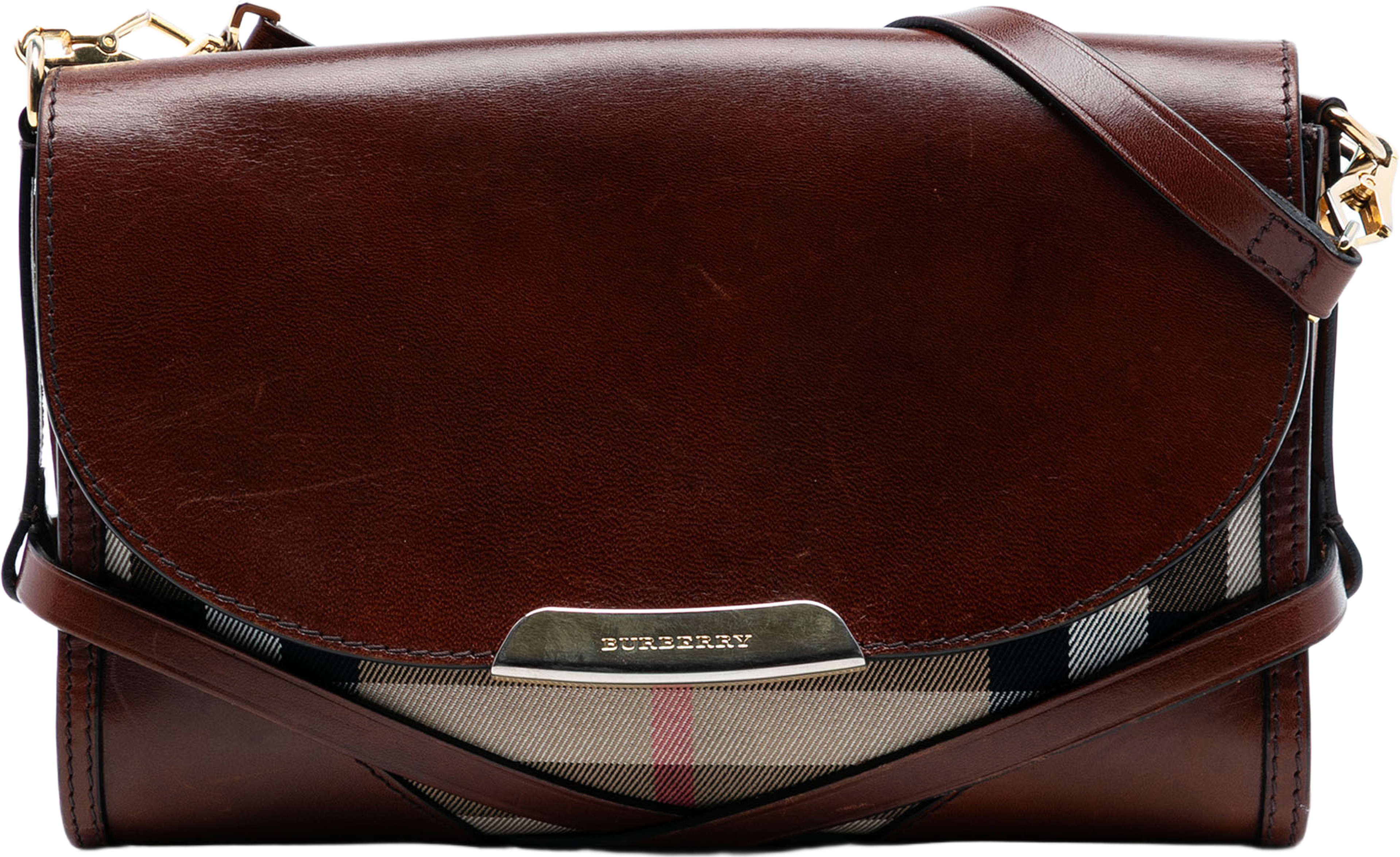 Burberry Leather And House Check Canvas Bridle Abbott Crossbody, från Luxclusif, i färgen brown. Klicka för att öppna bilden i stort format