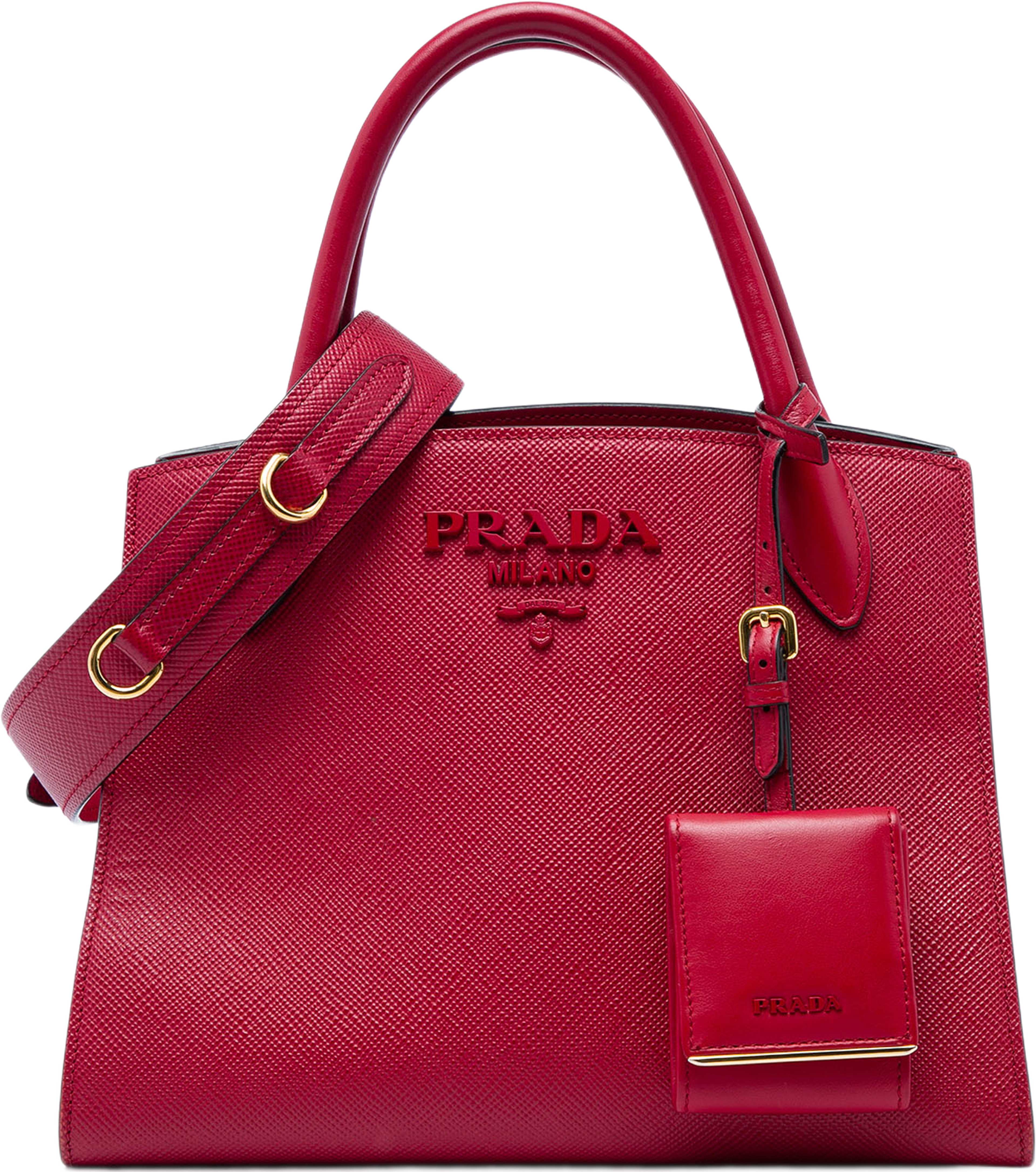 Prada Small Saffiano Cuir Monochrome Top Handle Tote, från Luxclusif, i färgen röd. Klicka för att öppna bilden i stort format