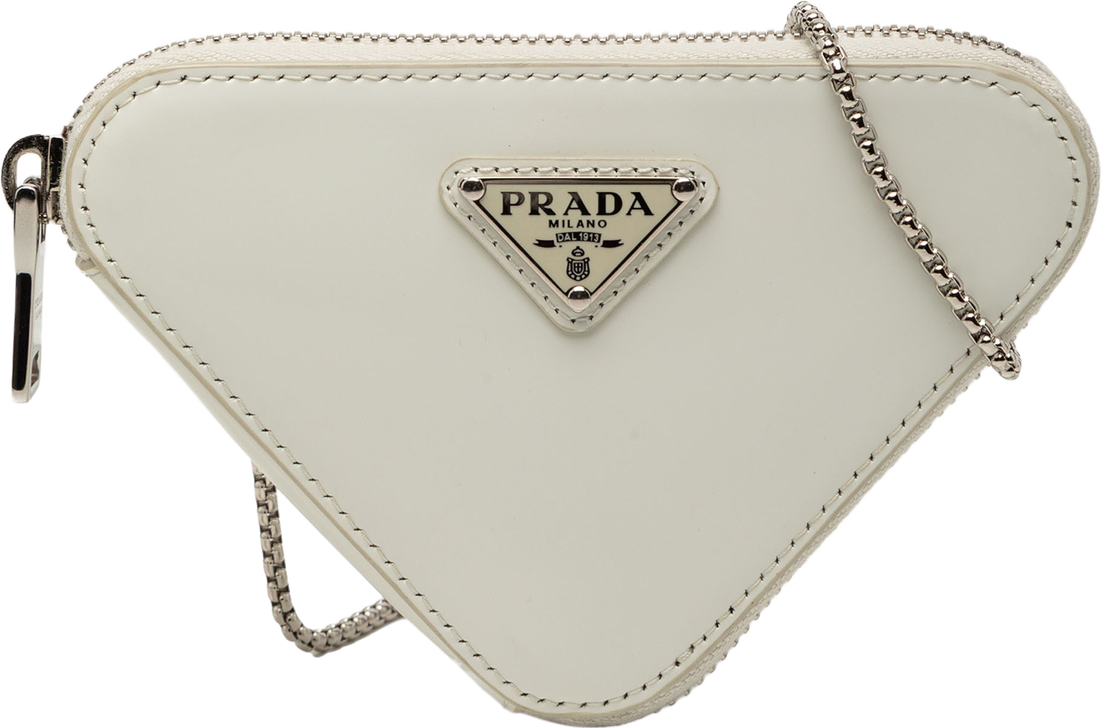 Prada Mini Brushed Leather Triangle Chain Pouch, från Luxclusif, i färgen off white. Klicka för att öppna bilden i stort format