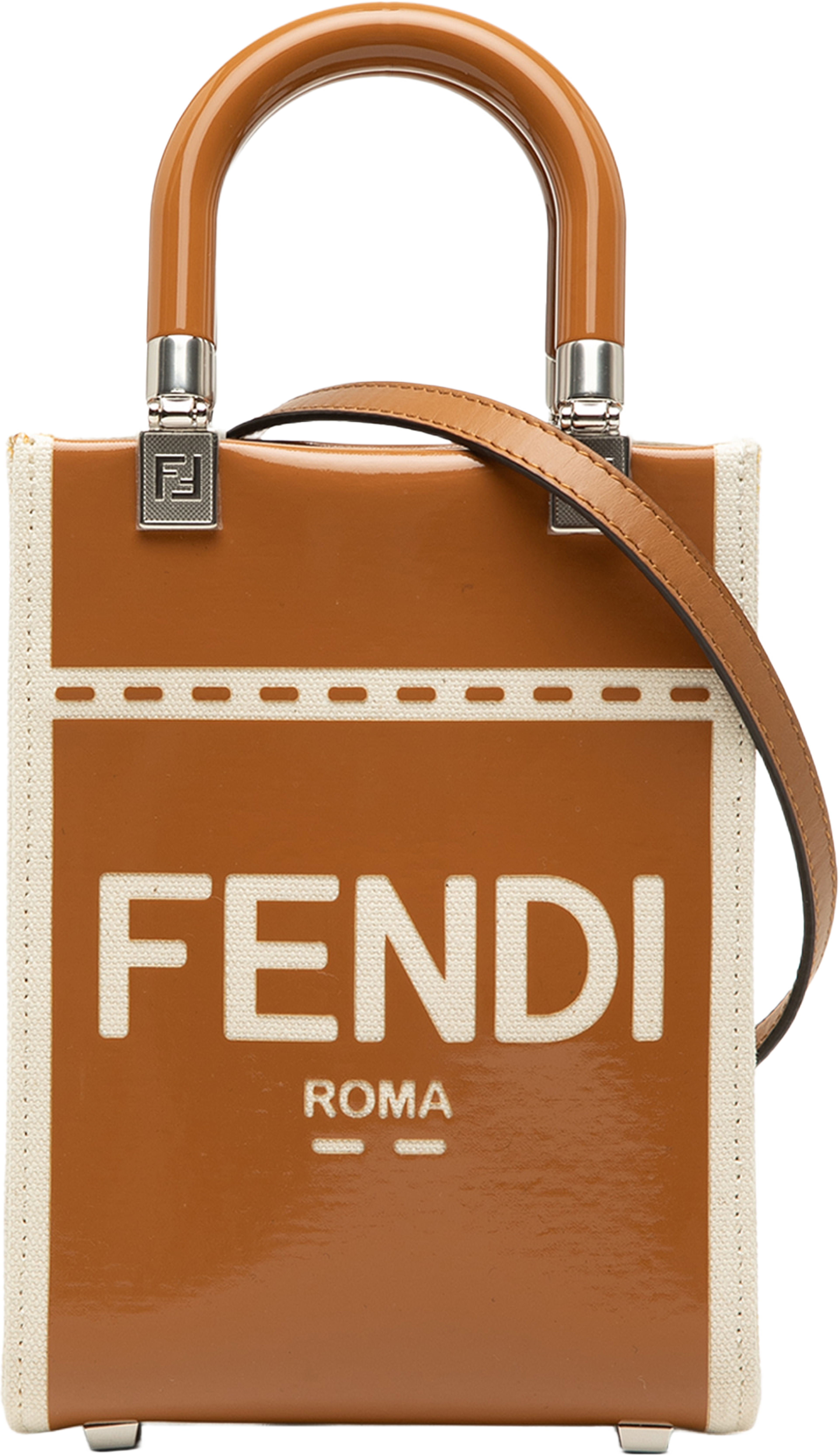 Fendi Mini Patent And Canvas Sunshine Shopper Tote, från Luxclusif, i färgen brun. Klicka för att öppna bilden i stort format