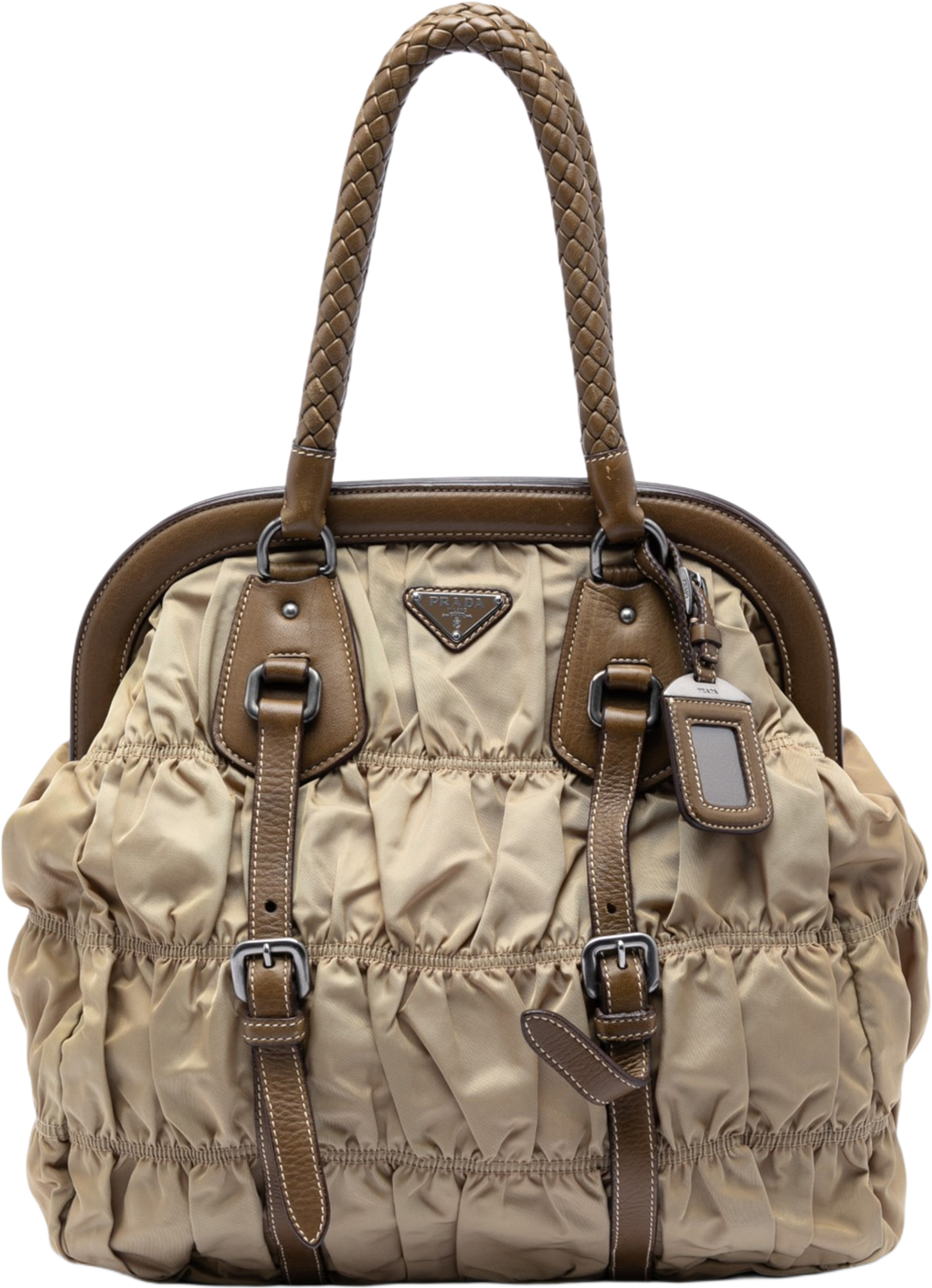 Prada Tessuto Gaufre Frame Tote, från Luxclusif, i färgen beige. Klicka för att öppna bilden i stort format
