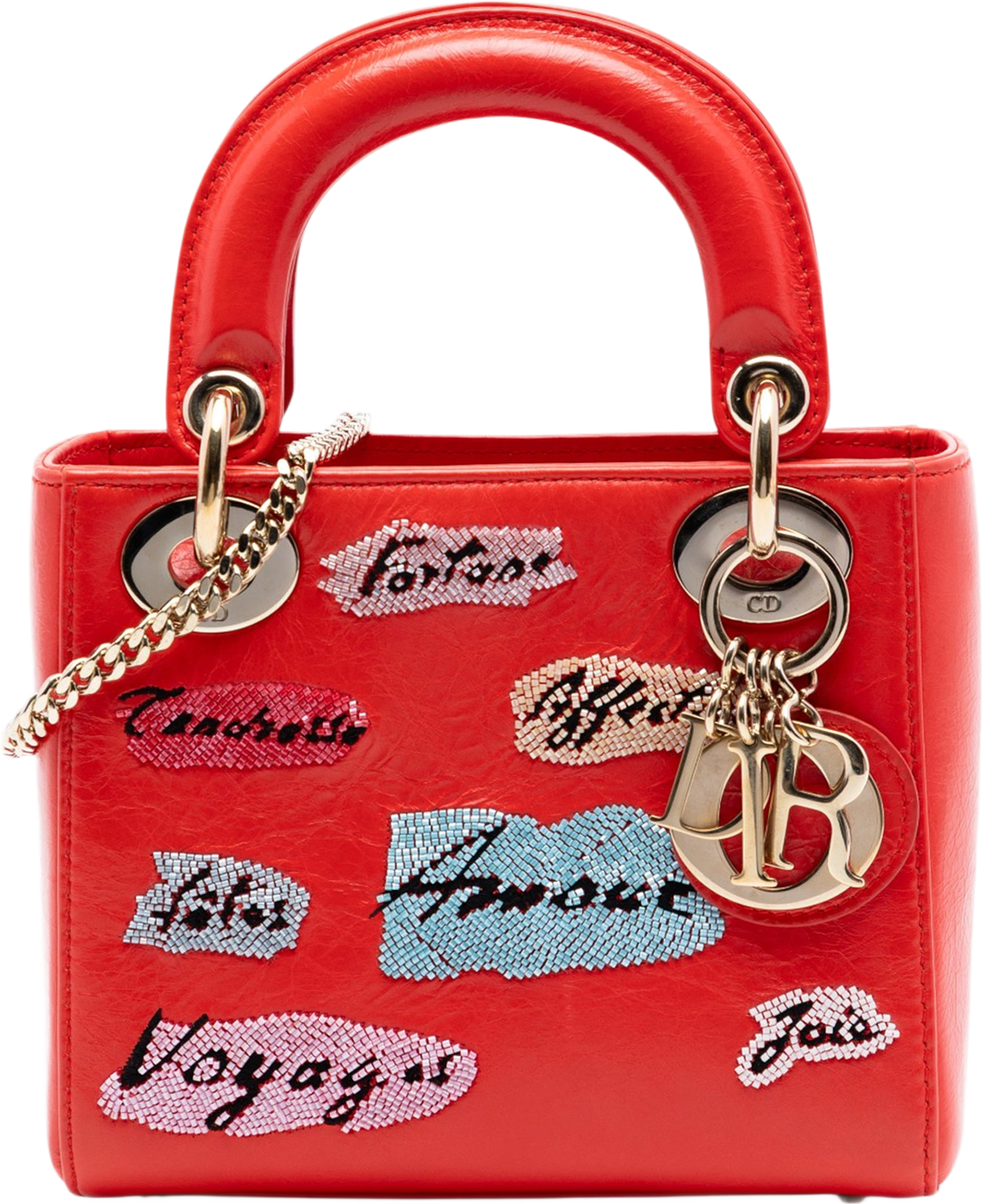 Dior Mini Calfskin Beaded Lady Dior, från Luxclusif, i färgen red. Klicka för att öppna bilden i stort format