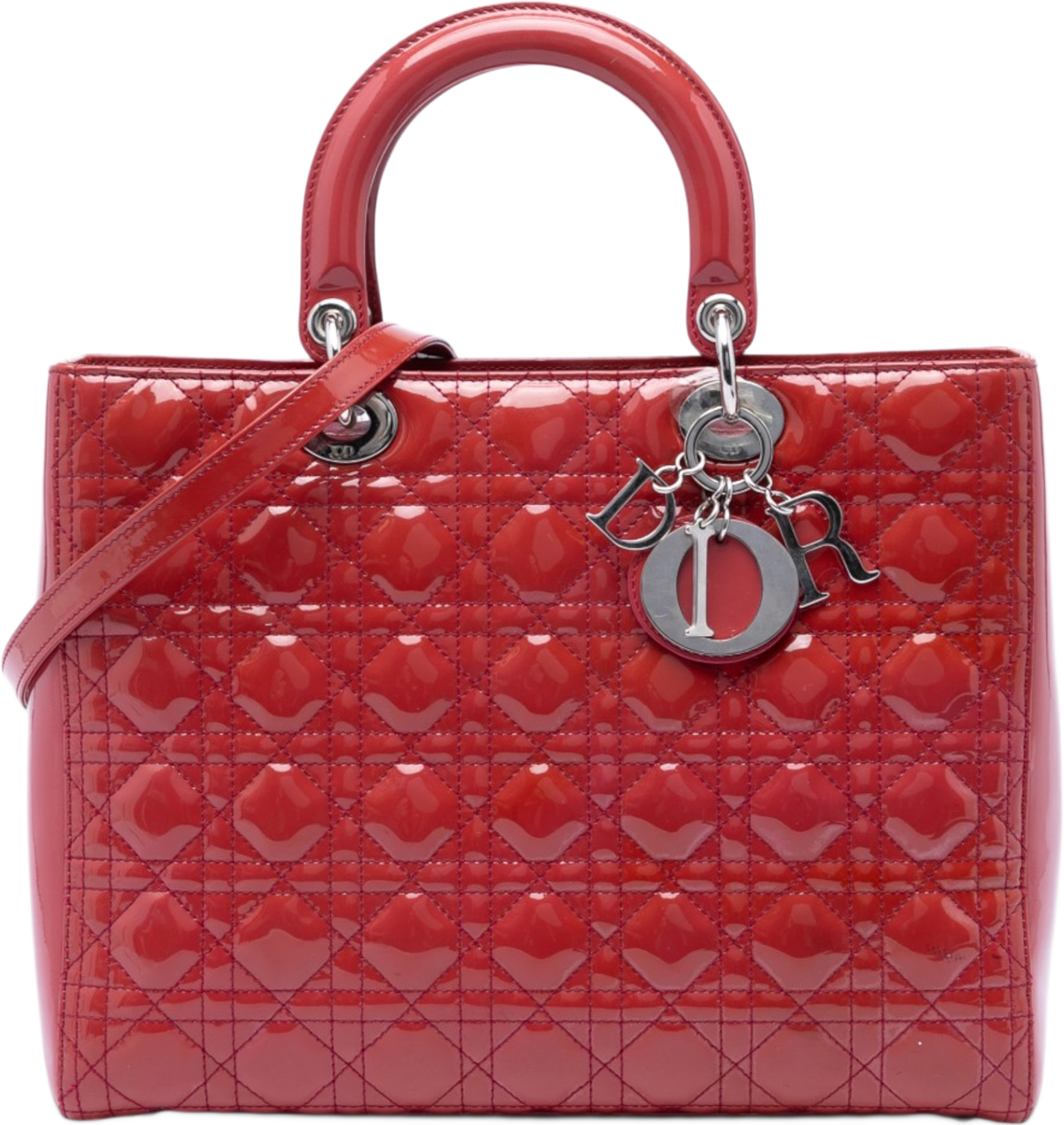Dior Large Patent Cannage Lady Dior, från Luxclusif, i färgen röd. Klicka för att öppna bilden i stort format