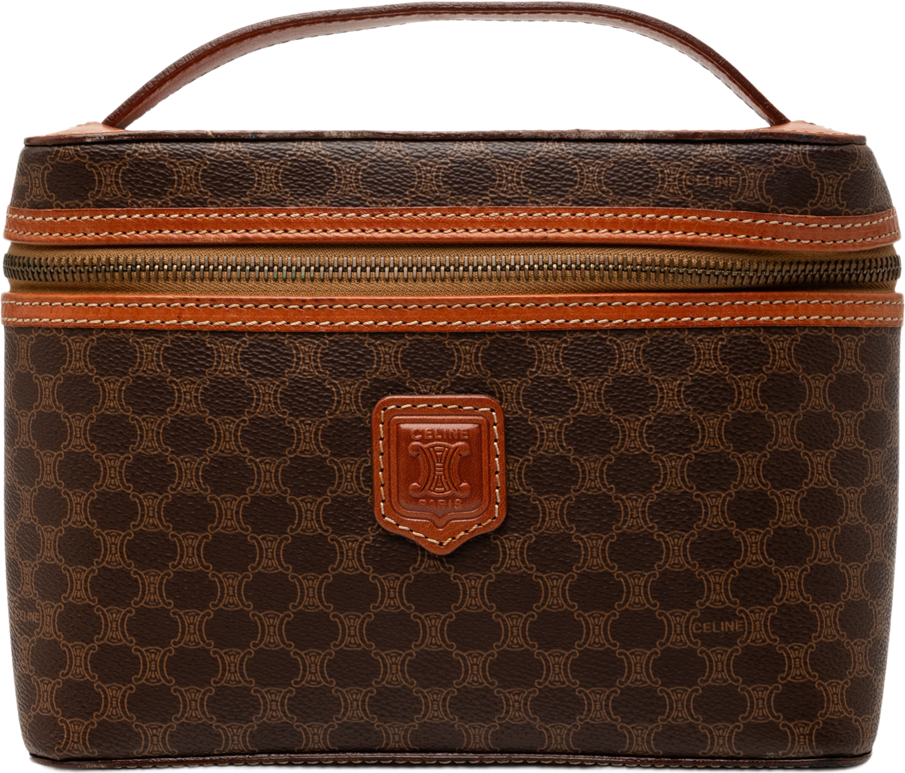 Celine Macadam Coated Canvas Vanity Bag, från Luxclusif, i färgen brun. Klicka för att öppna bilden i stort format