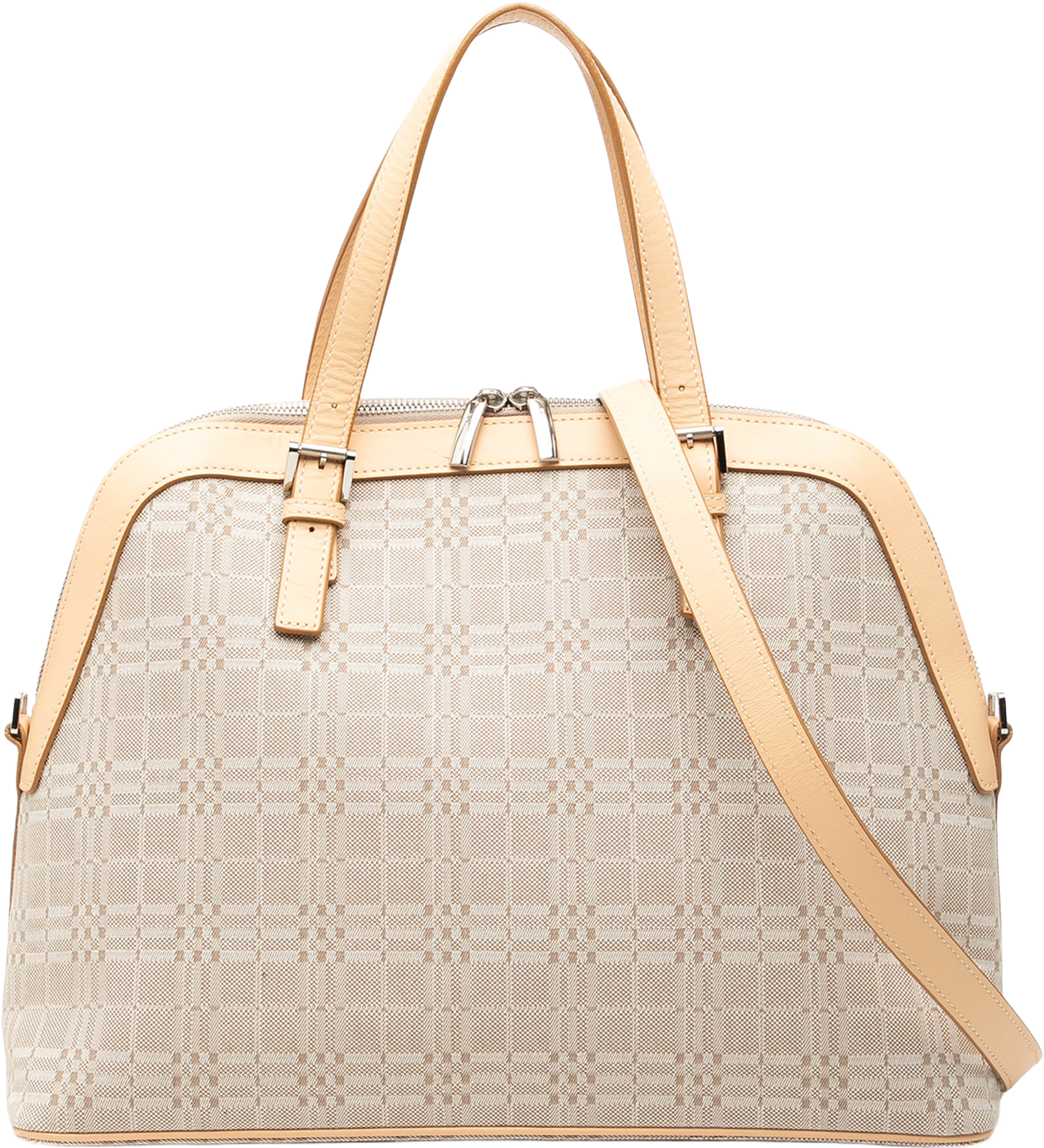 Burberry Leather Trimmed Canvas Dome Satchel, från Luxclusif, i färgen light beige. Klicka för att öppna bilden i stort format