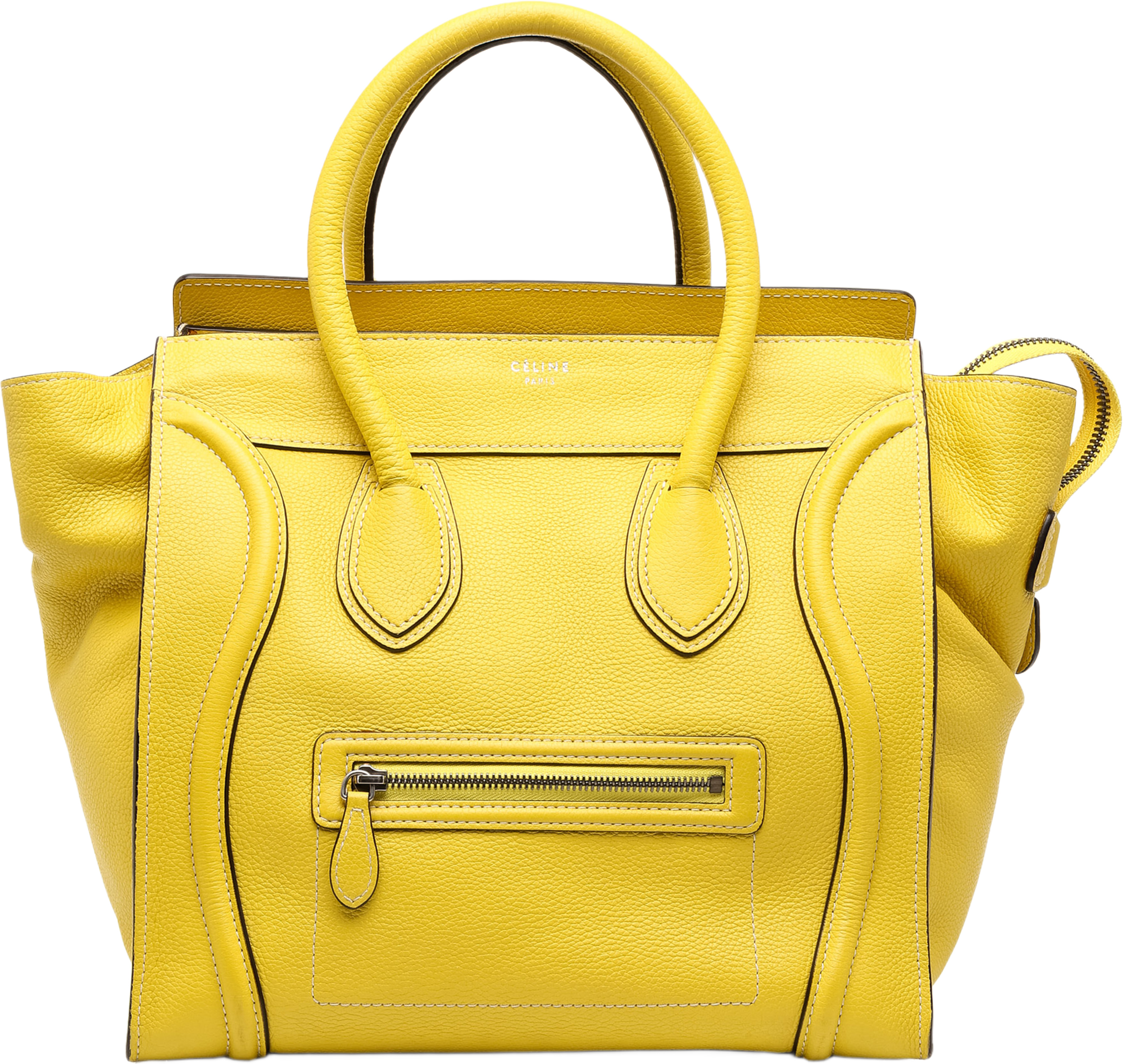 Celine Mini Drummed Calfskin Luggage Tote, från Luxclusif, i färgen gul. Klicka för att öppna bilden i stort format