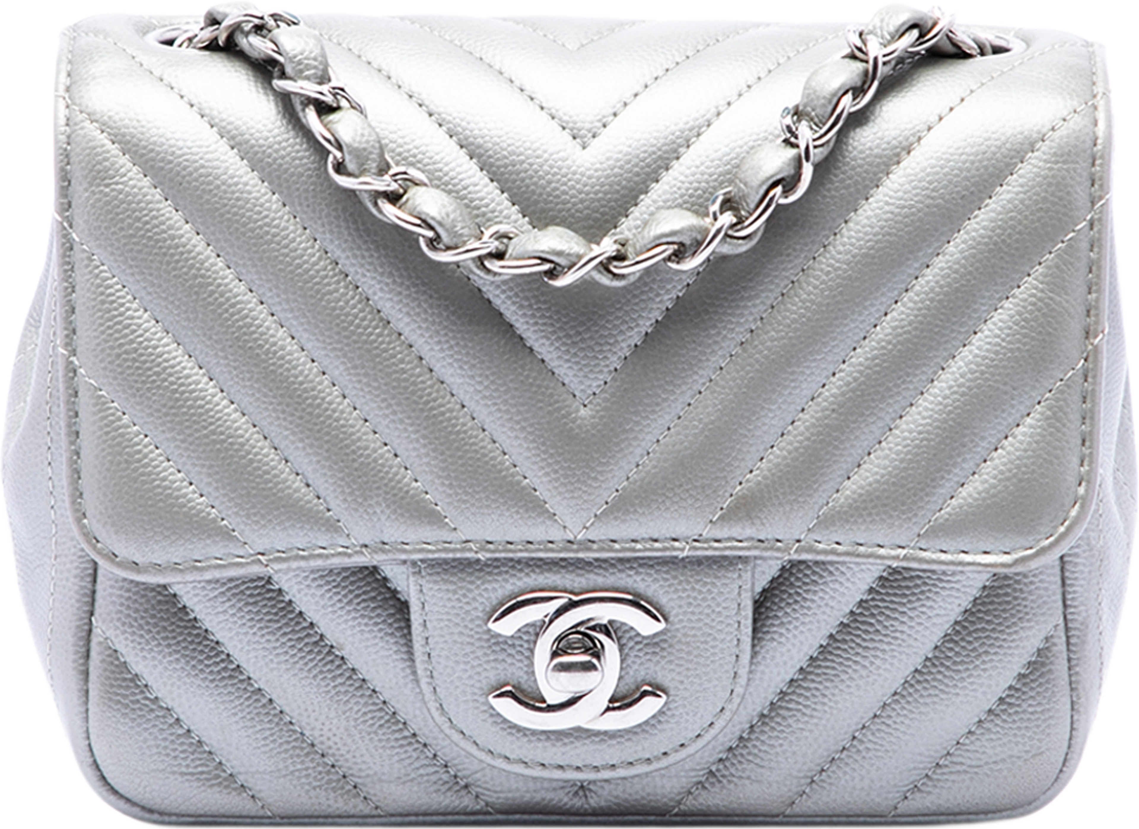 Chanel Mini Square Classic Chevron Caviar Single Flap, från Luxclusif, i färgen silver. Klicka för att öppna bilden i stort format