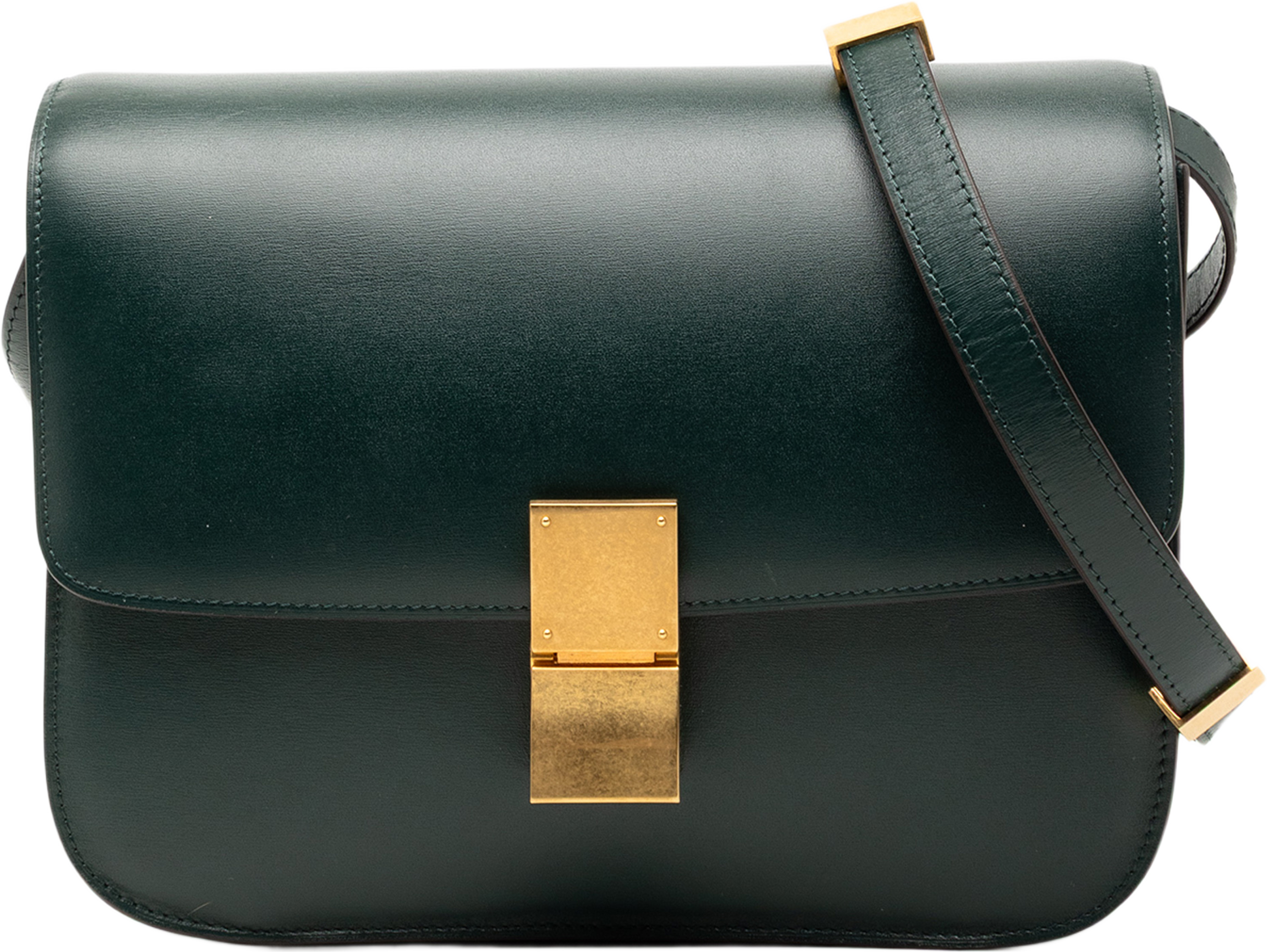 Celine Medium Calfskin Classic Box, från Luxclusif, i färgen dark green. Klicka för att öppna bilden i stort format