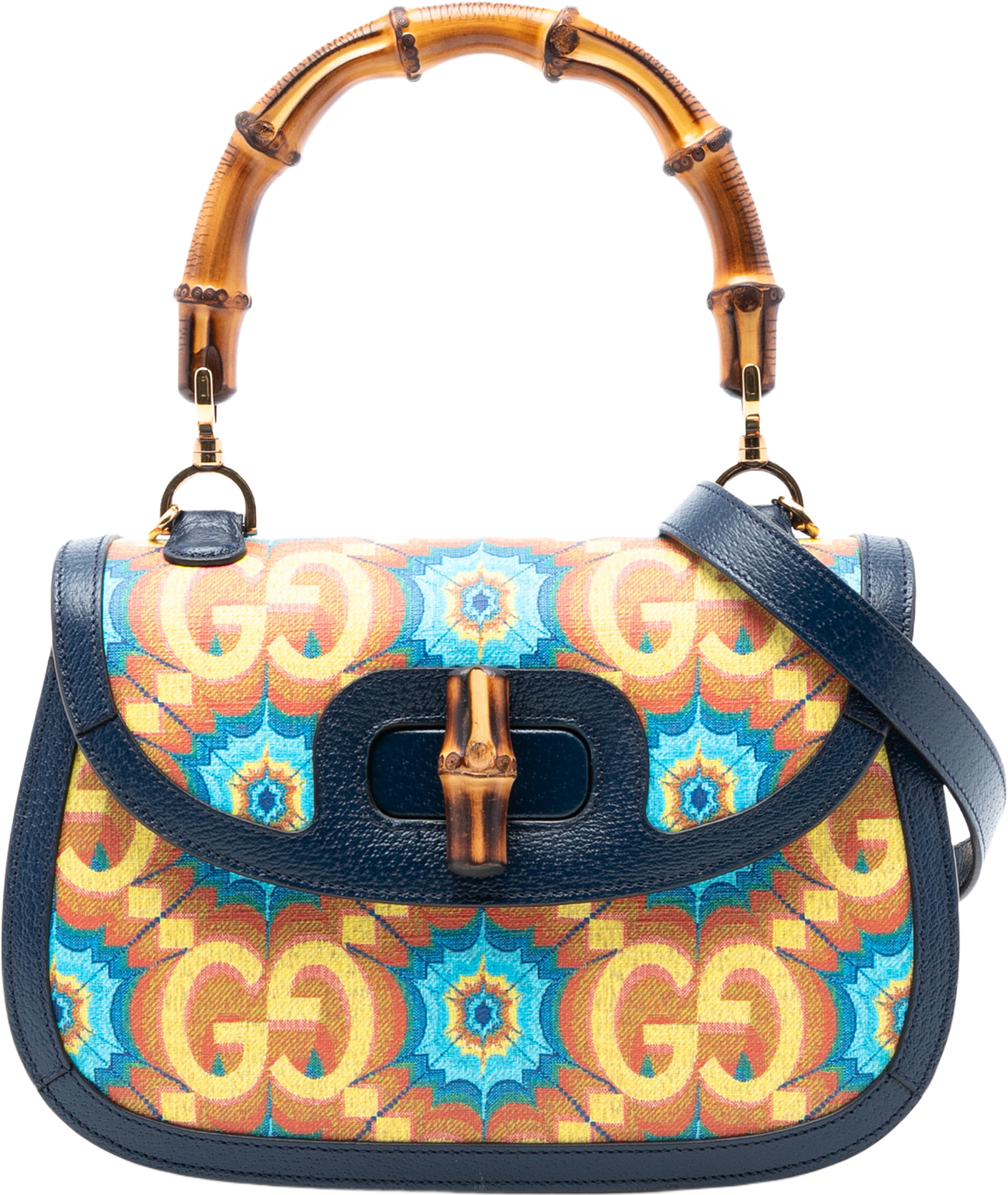 Gucci 100th Anniversary Medium Gg Coated Canvas Kaleidoscope 1947 Bamboo Top Handle Bag, från Luxclusif, i färgen blue. Klicka för att öppna bilden i stort format