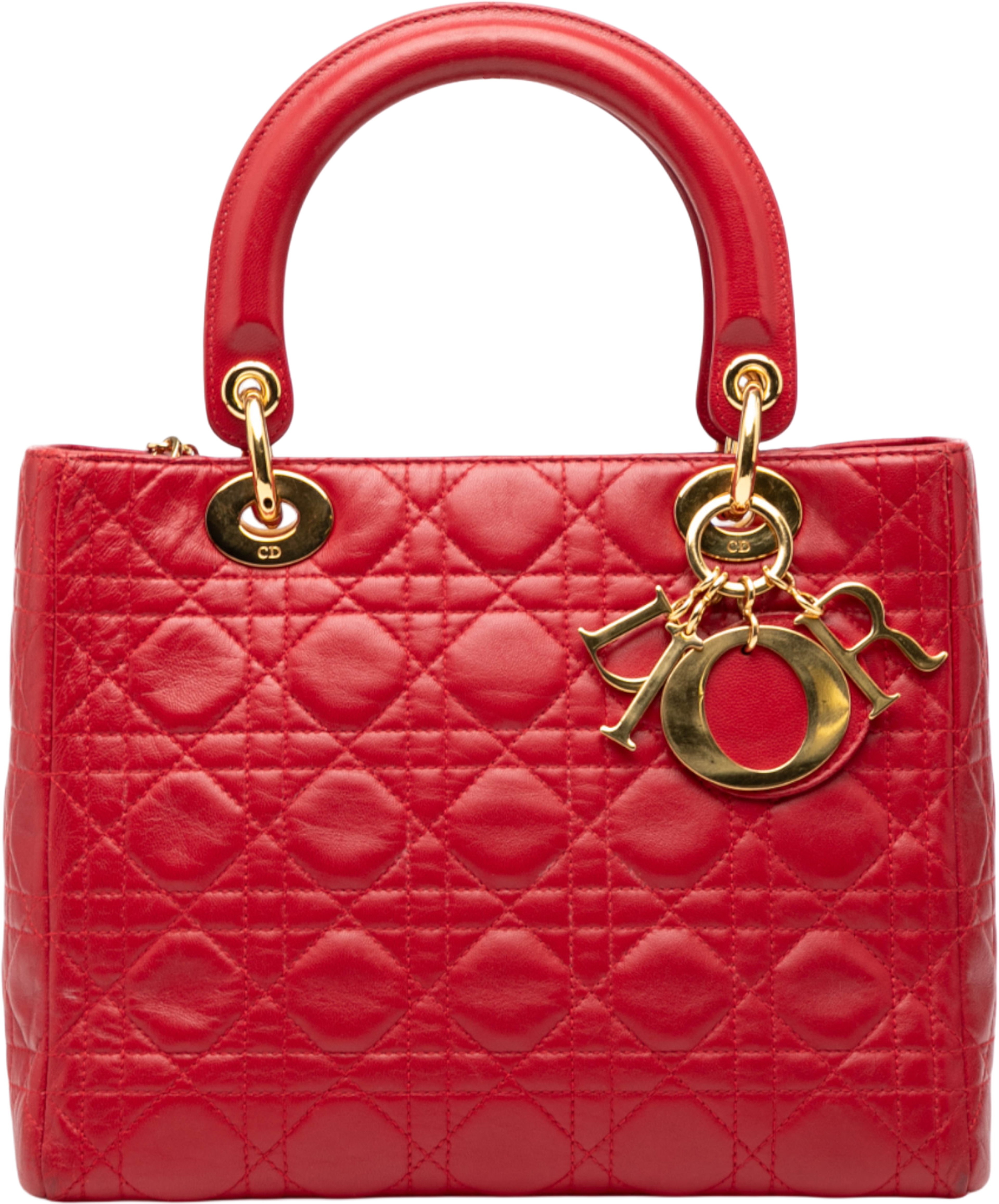 Dior Medium Lambskin Cannage Lady Dior, från Luxclusif, i färgen red. Klicka för att öppna bilden i stort format