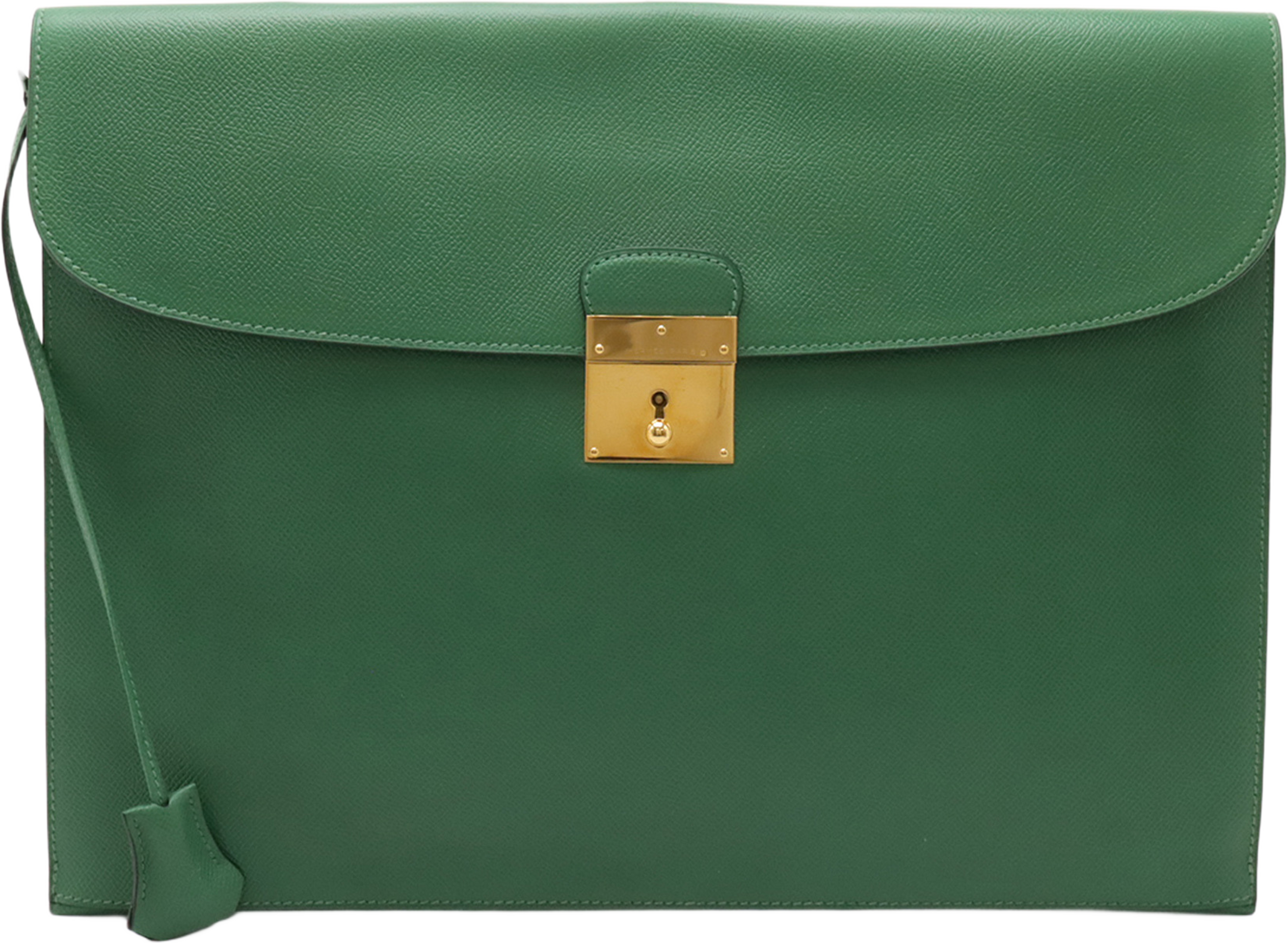 Hermès Courchevel Kirius Clutch, från Luxclusif, i färgen grön. Klicka för att öppna bilden i stort format