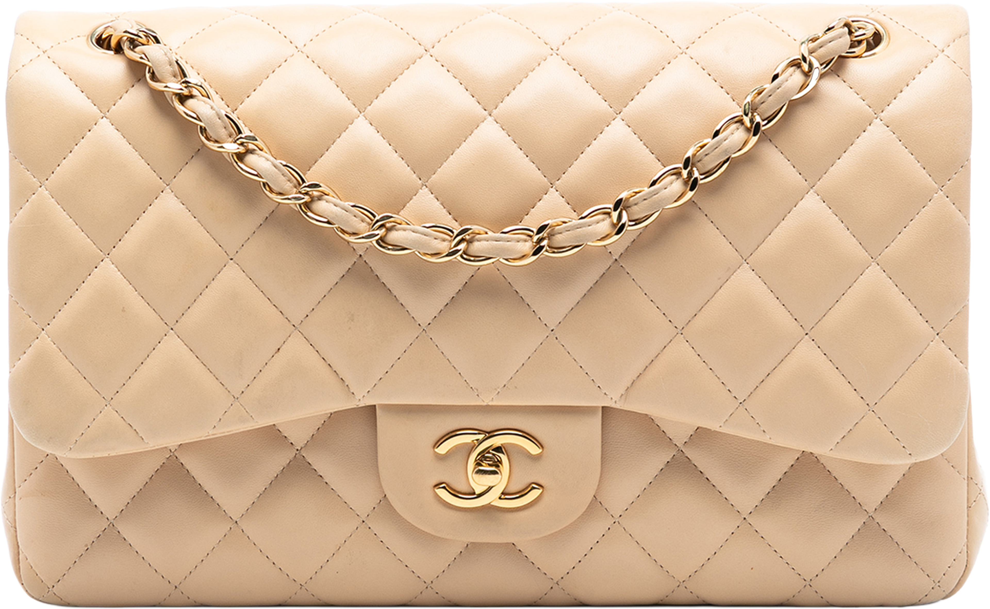 Chanel Jumbo Classic Lambskin Double Flap, från Luxclusif, i färgen beige. Klicka för att öppna bilden i stort format