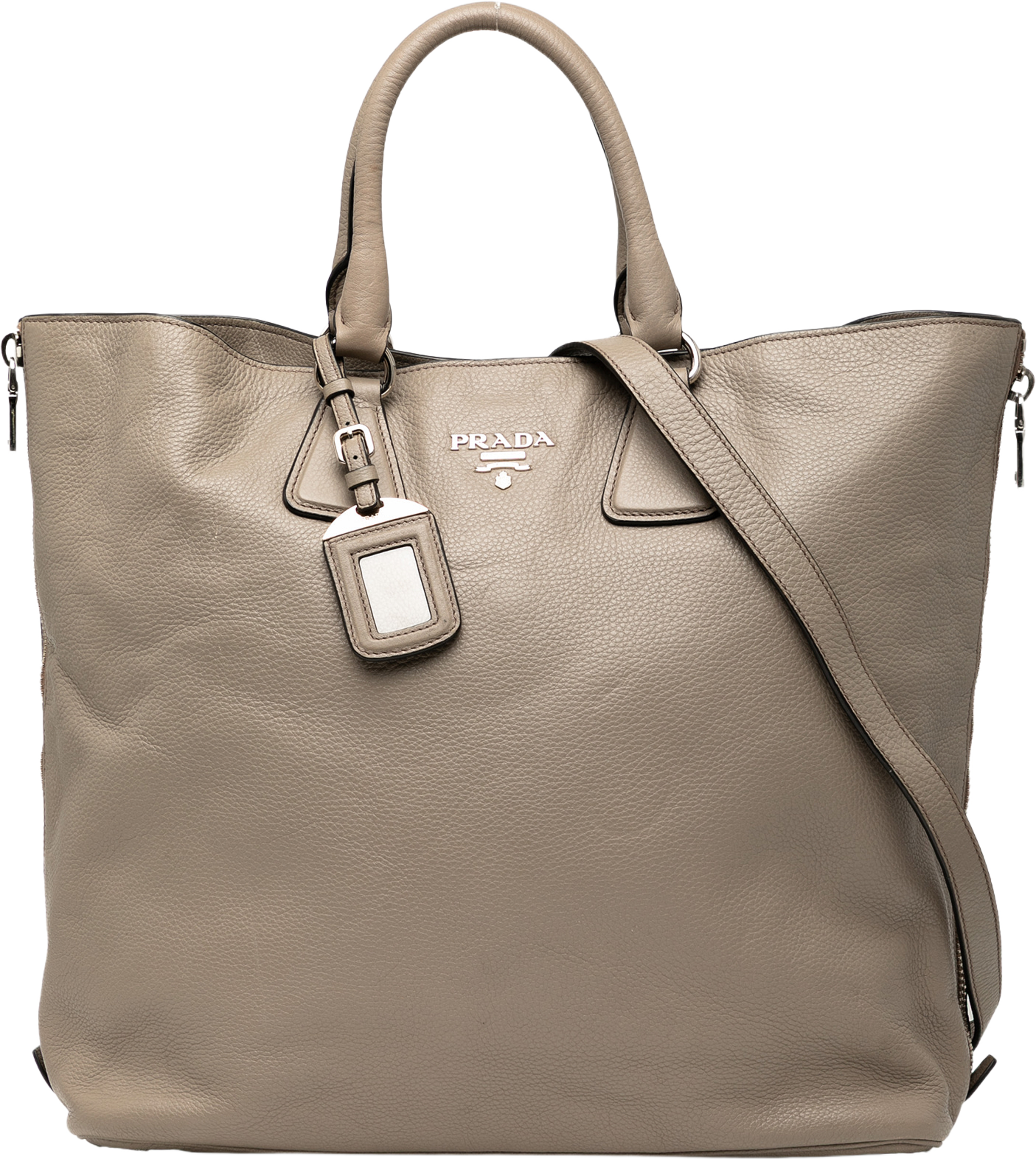 Prada Vitello Daino Side Zip Convertible Tote, från Luxclusif, i färgen taupe. Klicka för att öppna bilden i stort format