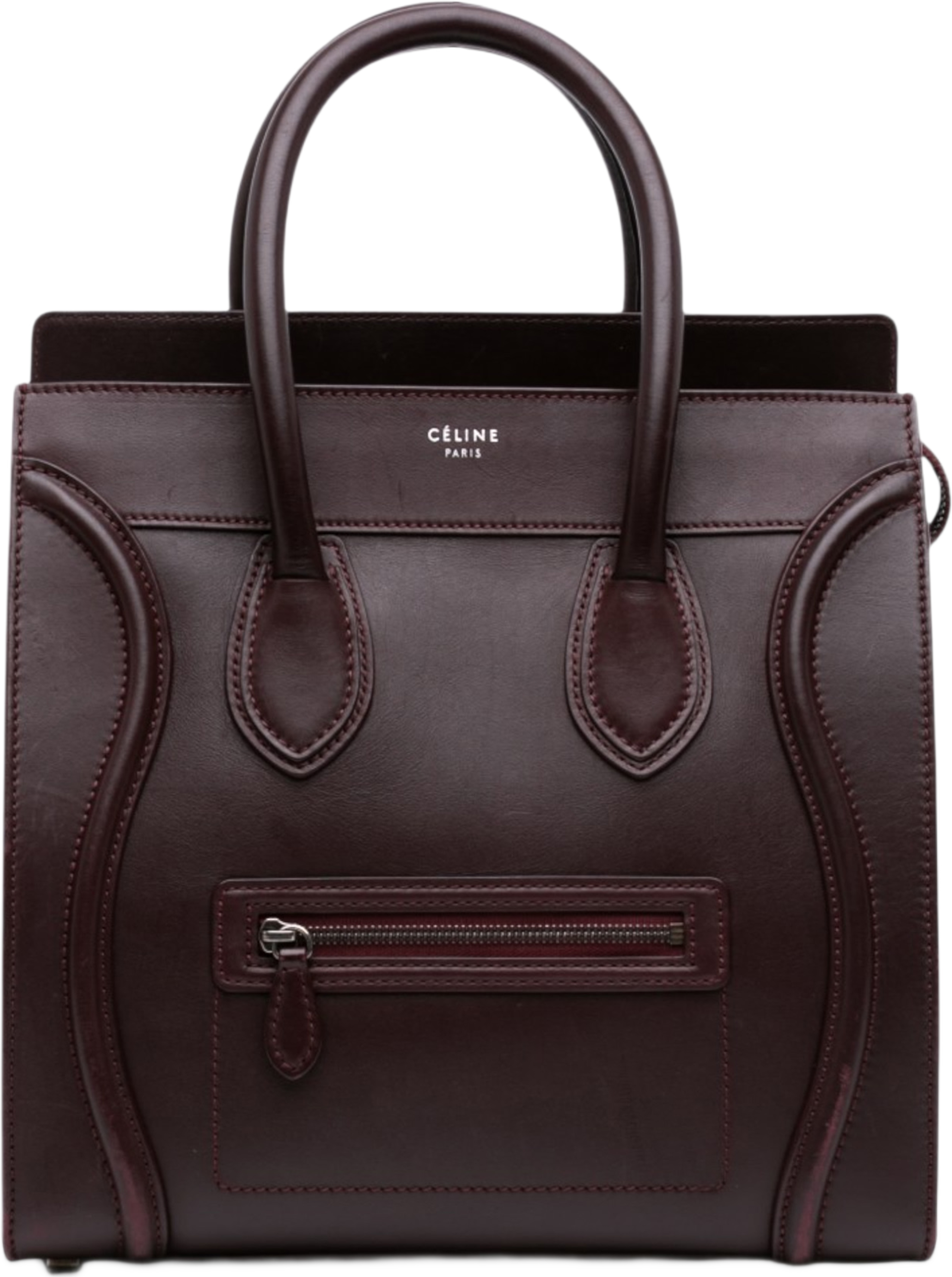 Celine Mini Smooth Calfskin Luggage Tote, från Luxclusif, i färgen burgundy. Klicka för att öppna bilden i stort format