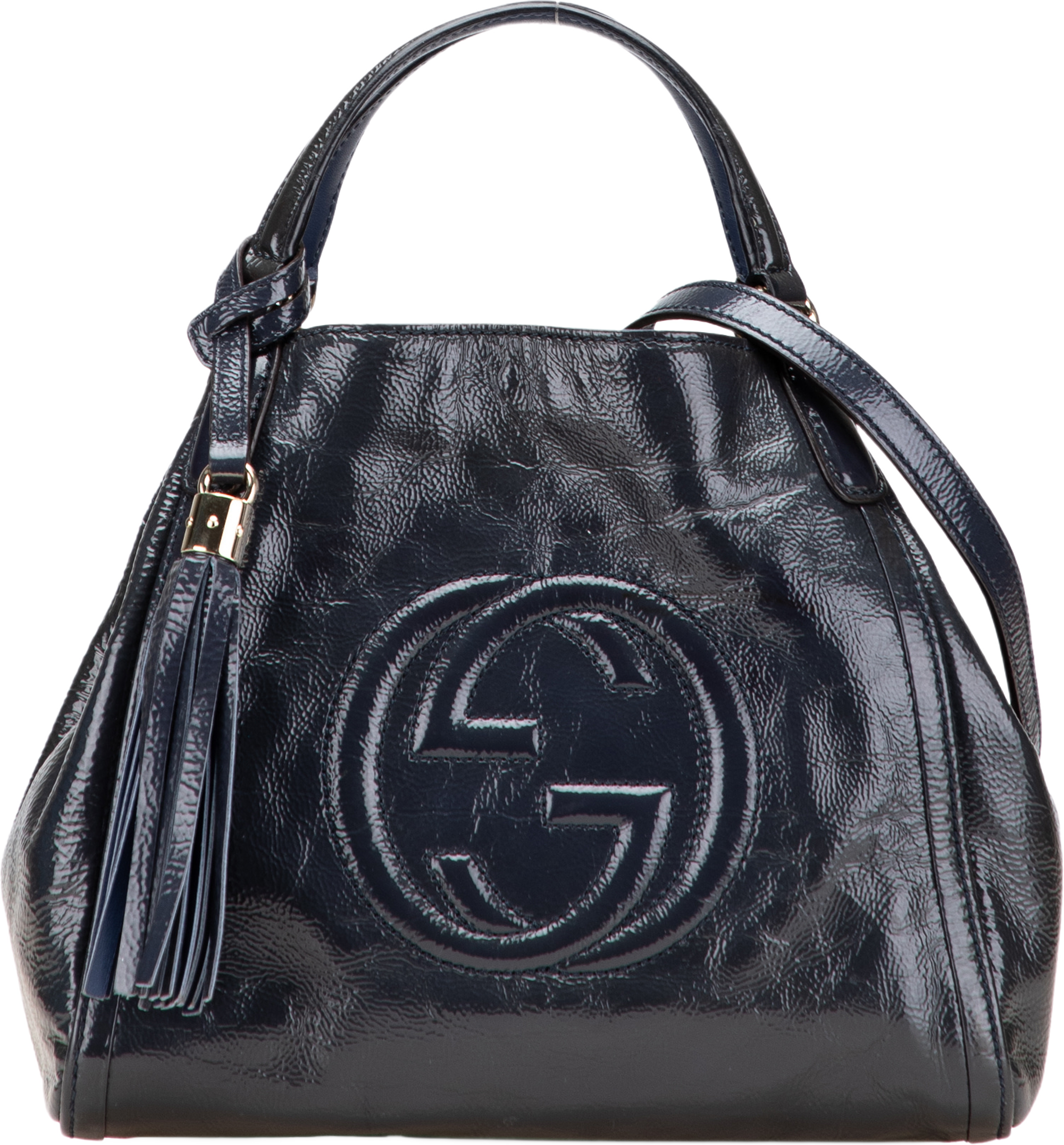 Gucci Small Patent Soho Satchel, från Luxclusif, i färgen blå. Klicka för att öppna bilden i stort format
