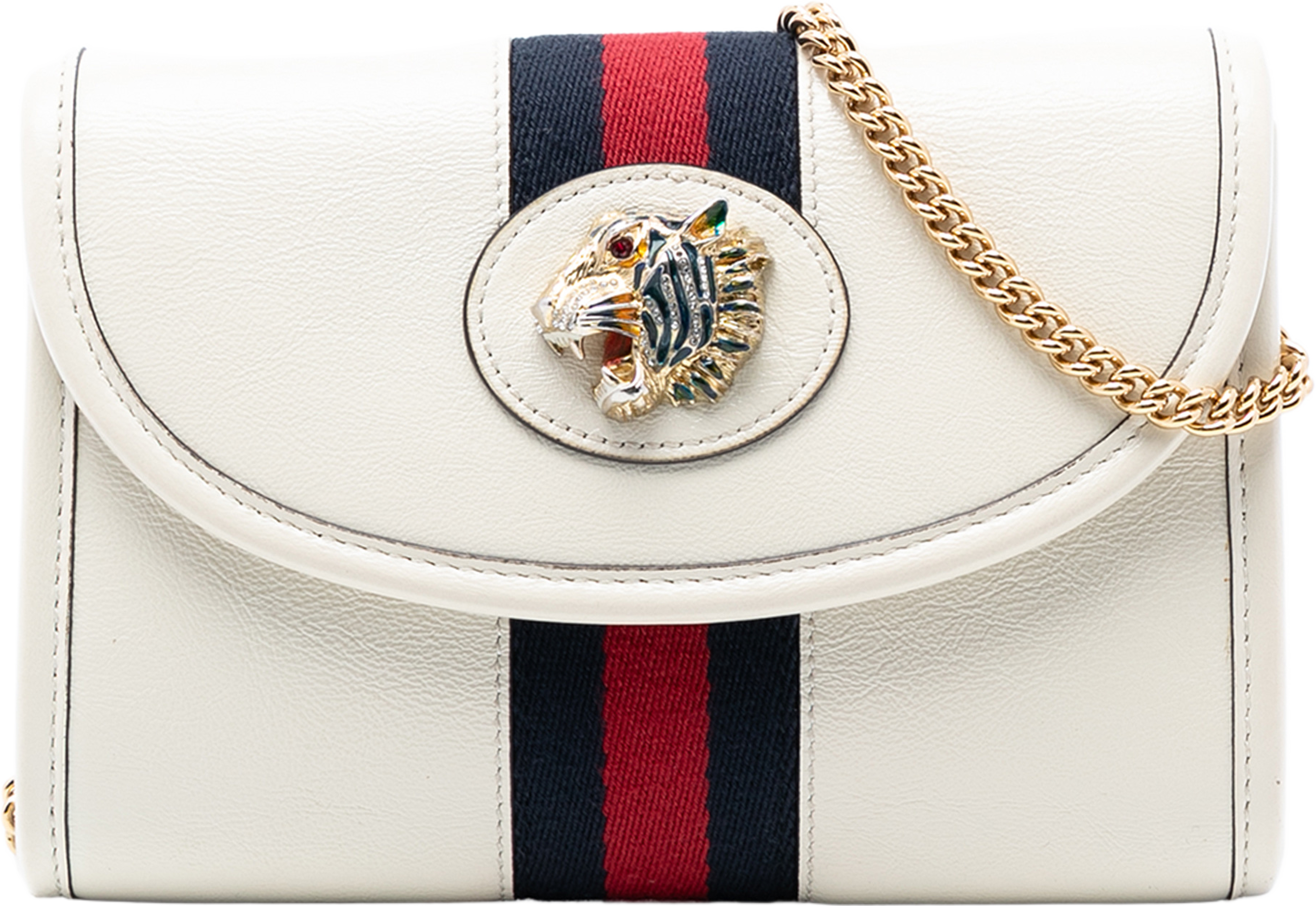 Gucci Mini Leather Rajah Web Chain Crossbody, från Luxclusif, i färgen white. Klicka för att öppna bilden i stort format