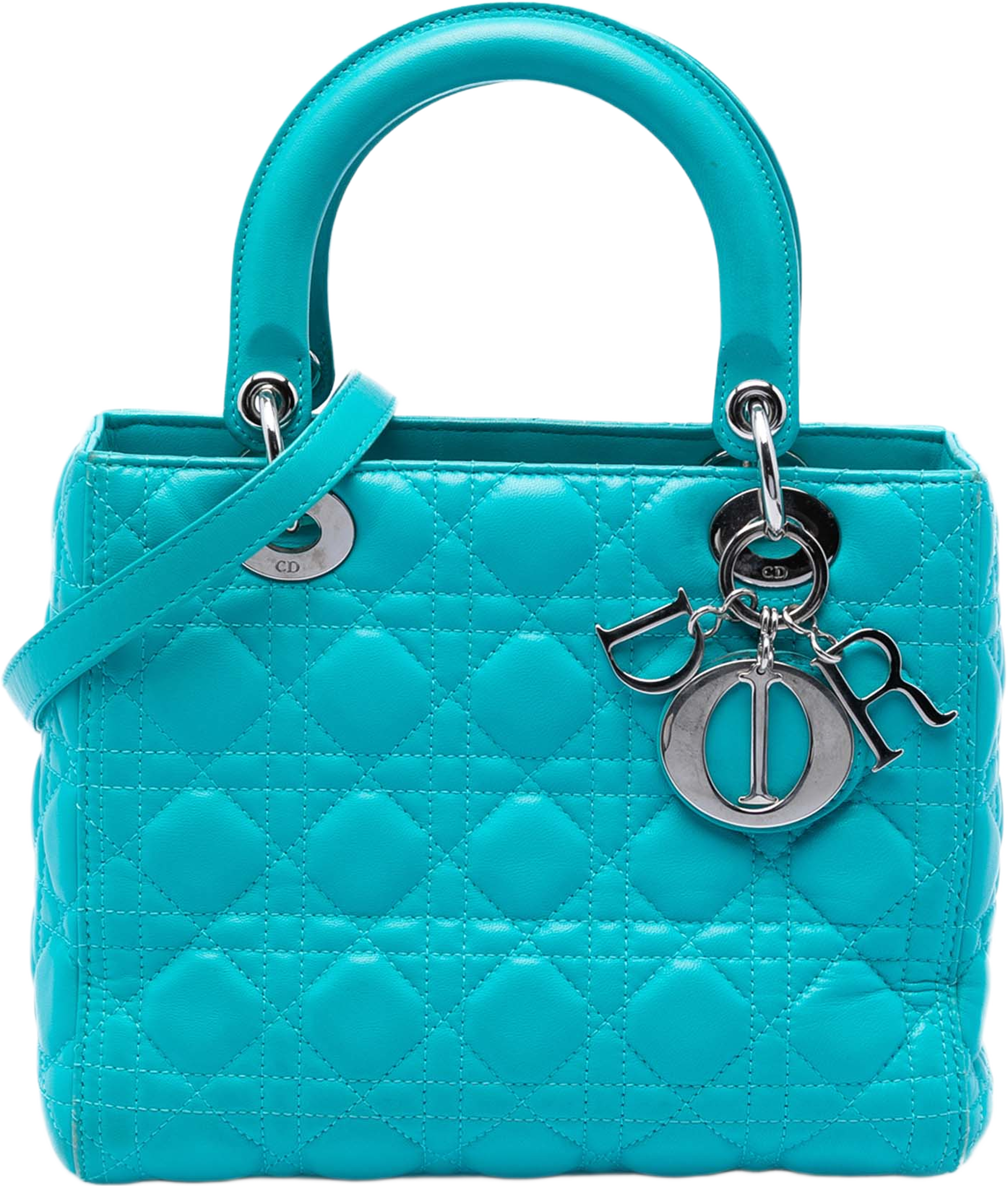 Dior Medium Lambskin Cannage Lady Dior, från Luxclusif, i färgen turquoise. Klicka för att öppna bilden i stort format