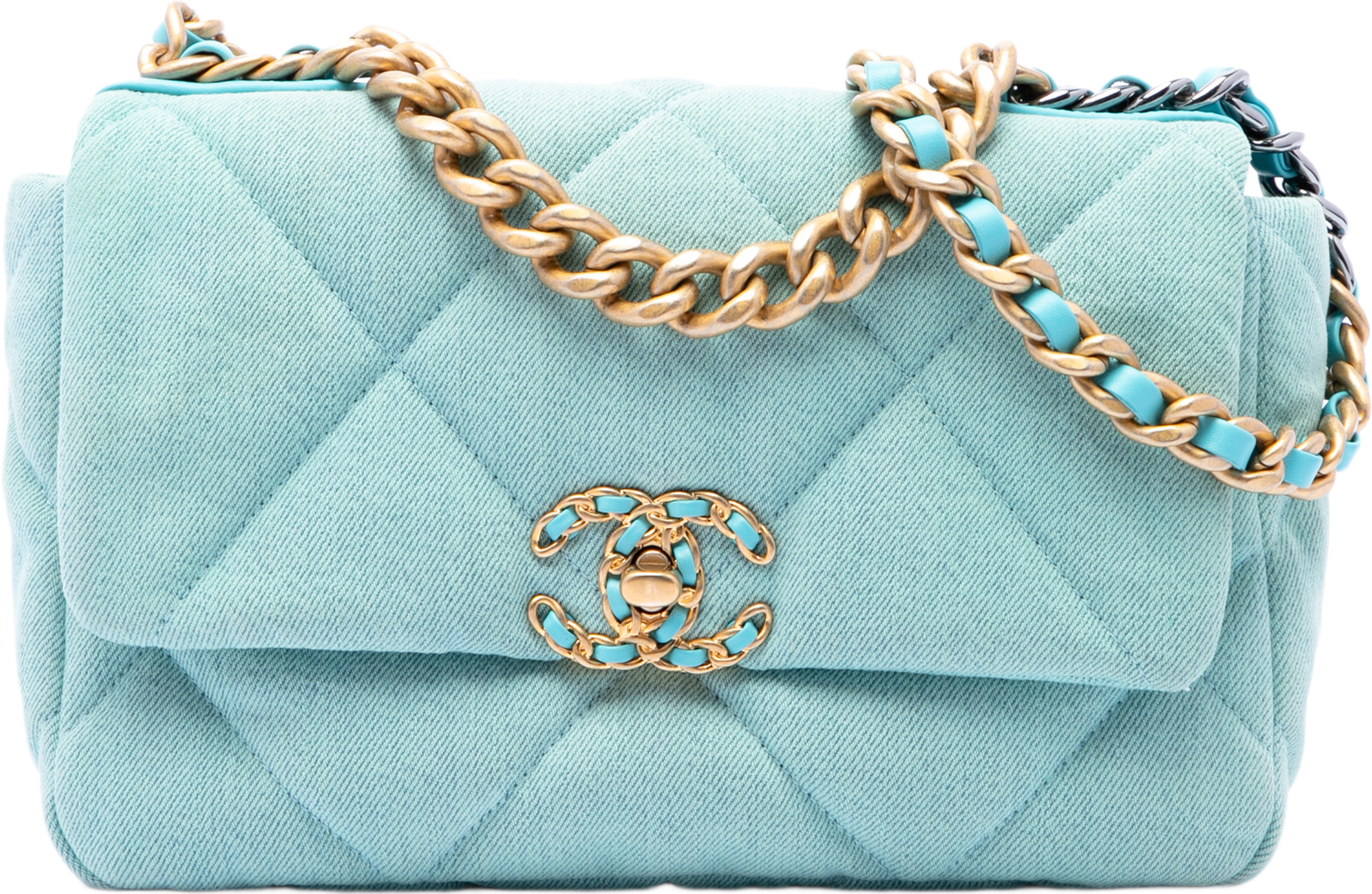 Chanel Medium Denim 19 Flap, från Luxclusif, i färgen blå. Klicka för att öppna bilden i stort format